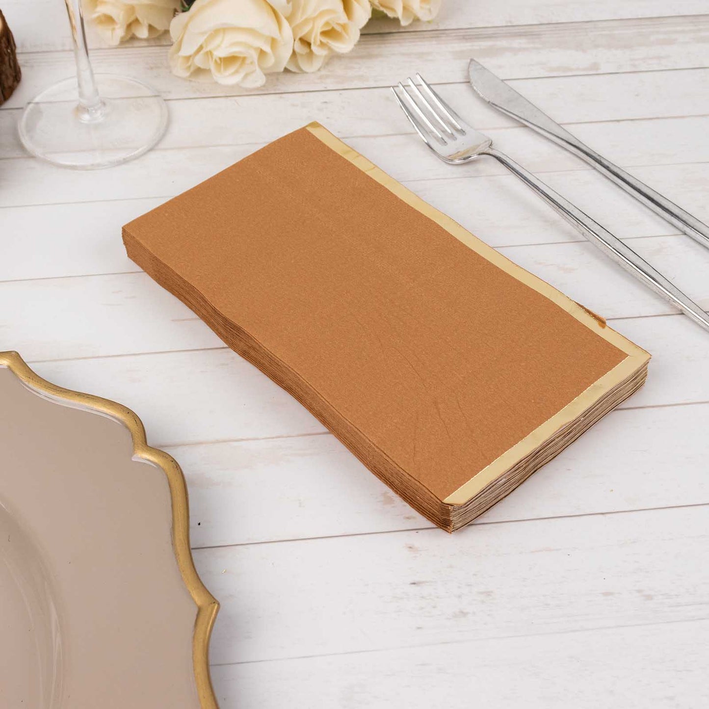 50 Pack Terracotta Soft 2 Ply Disposable Party Napkins with Gold Foil Edge, Dinner Paper Napkins