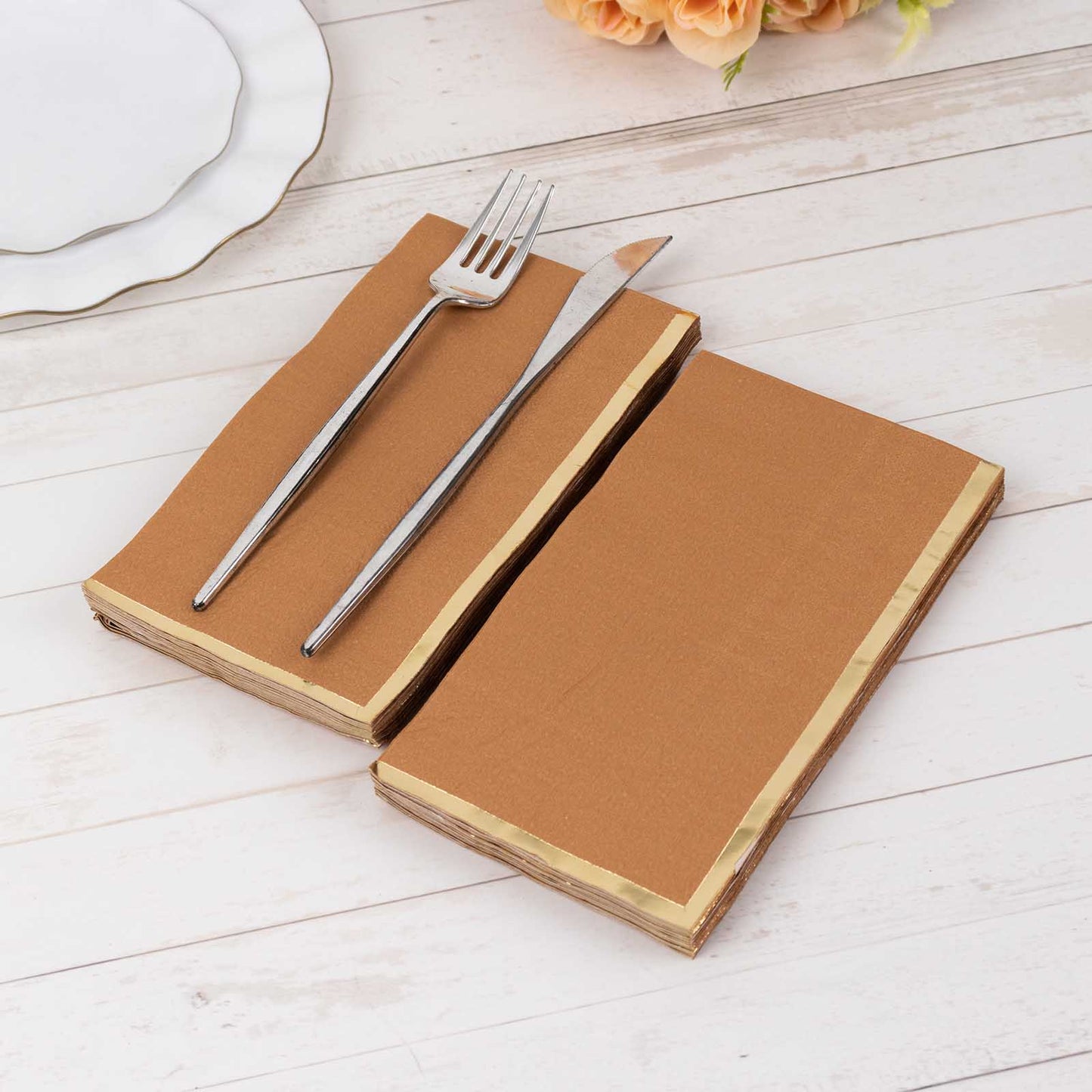 50 Pack Terracotta Soft 2 Ply Disposable Party Napkins with Gold Foil Edge, Dinner Paper Napkins