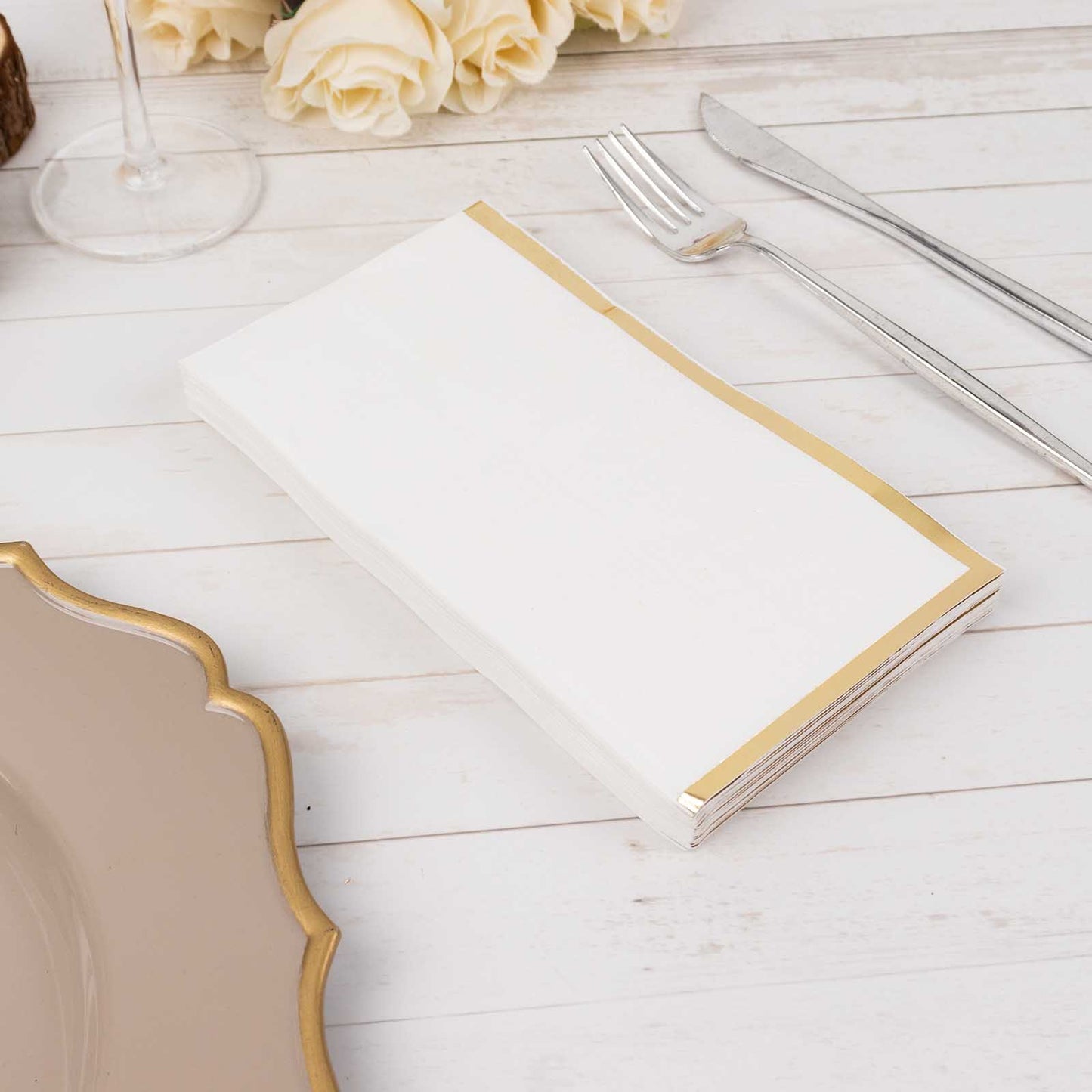 50 Pack White Soft 2 Ply Disposable Party Napkins with Gold Foil Edge, Dinner Paper Napkins