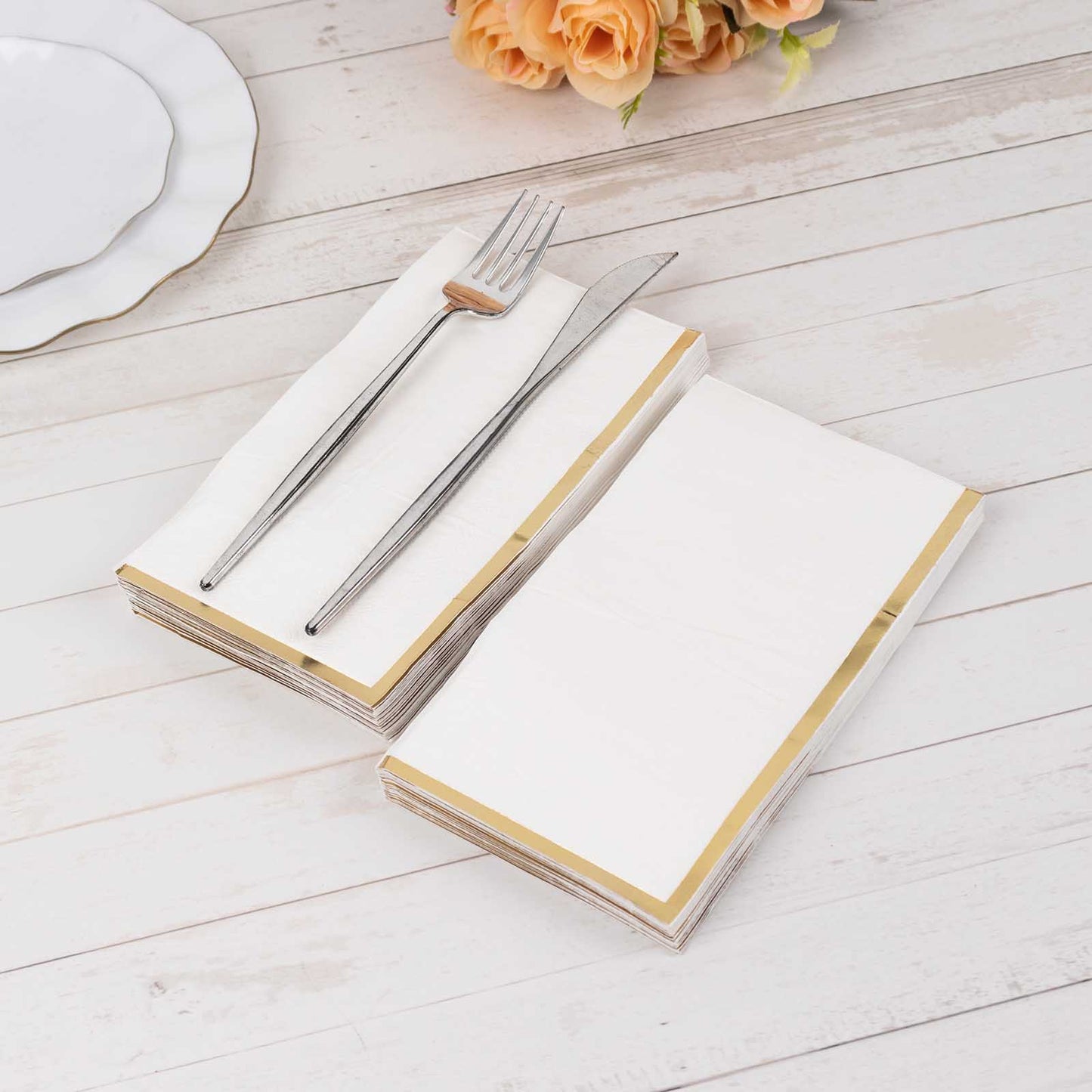 50 Pack White Soft 2 Ply Disposable Party Napkins with Gold Foil Edge, Dinner Paper Napkins