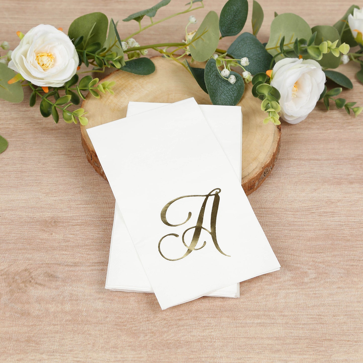 100 Paper Dinner Napkins White with Gold Foil Monogram "A" – 8"x4" Folded, Disposable Party Napkins
