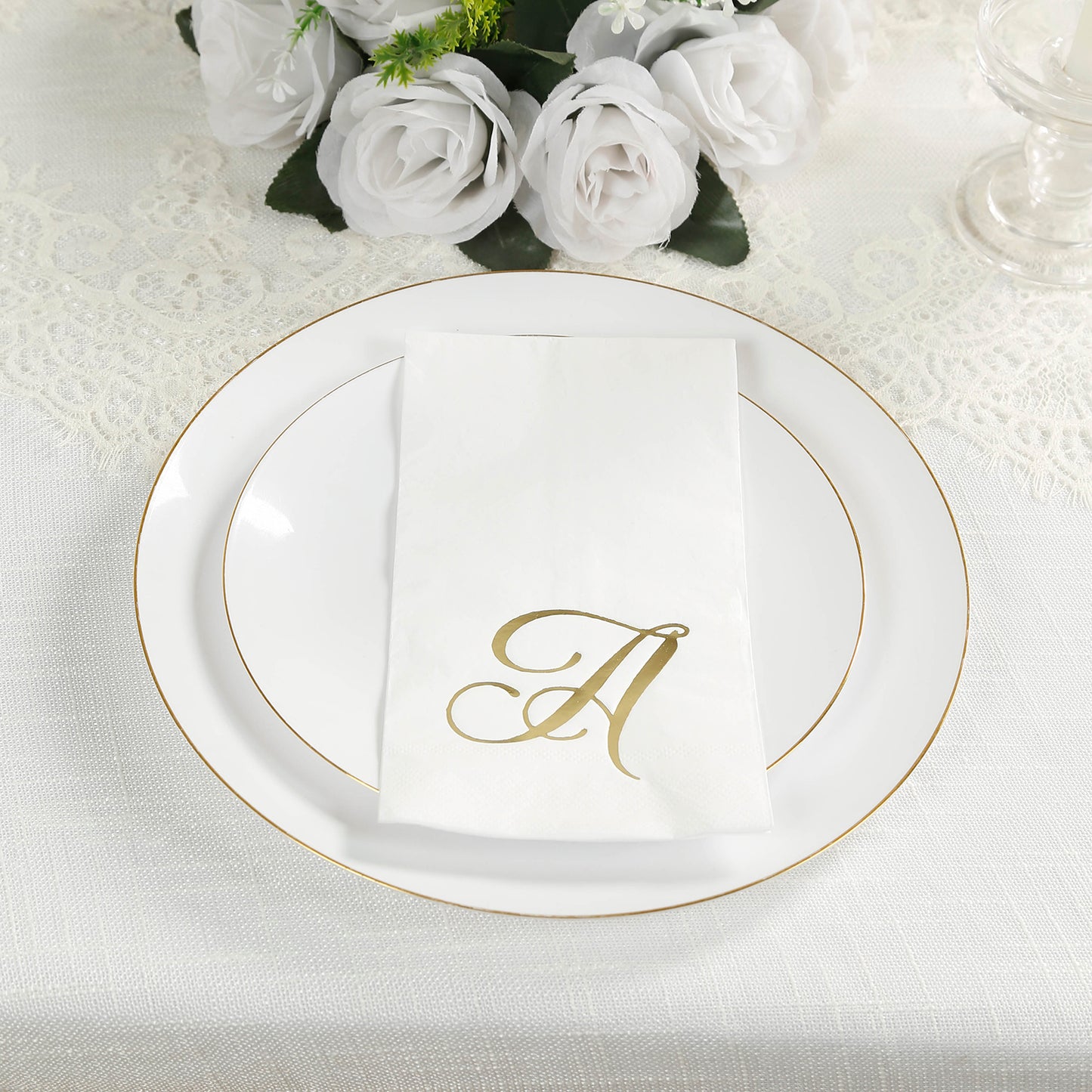 100 Paper Dinner Napkins White with Gold Foil Monogram "A" – 8"x4" Folded, Disposable Party Napkins