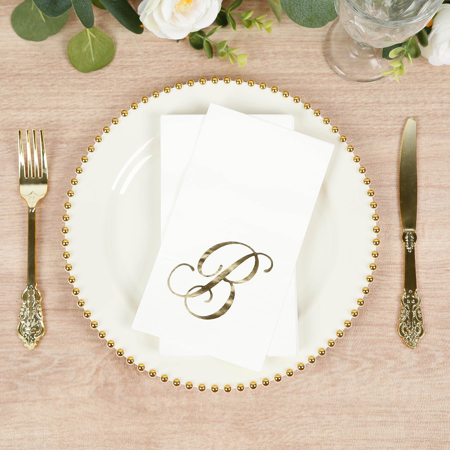 100 Paper Dinner Napkins White with Gold Foil Monogram "B" – 8"x4" Folded, Disposable Party Napkins