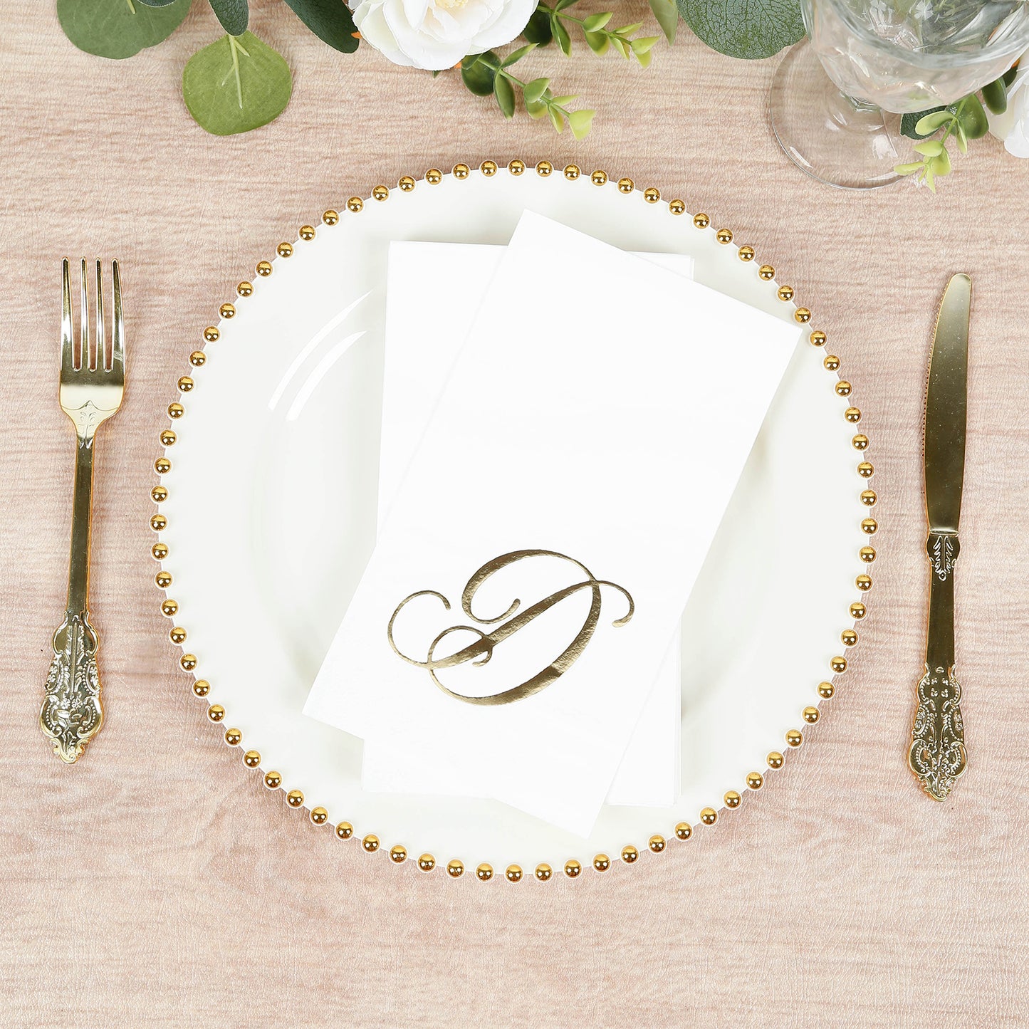 100 Paper Dinner Napkins White with Gold Foil Monogram "D" – 8"x4" Folded, Disposable Party Napkins