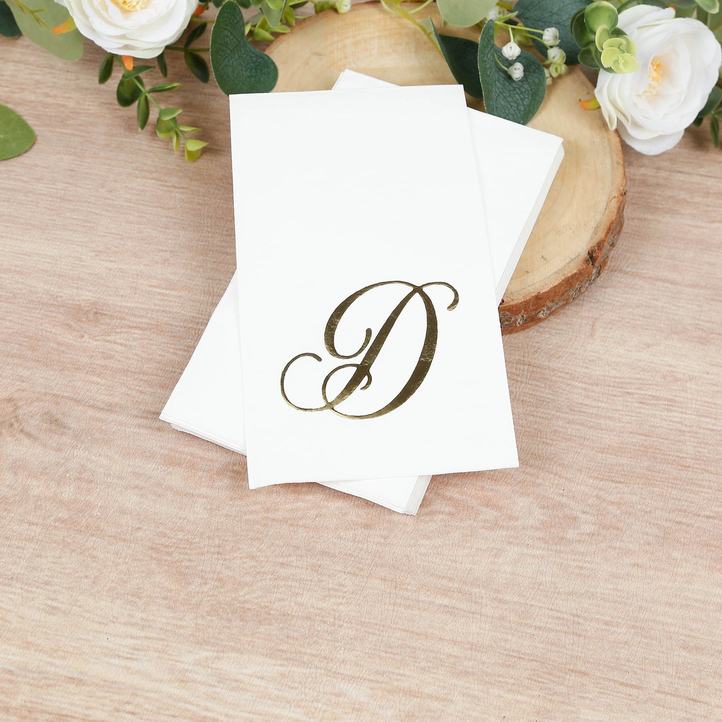 100 Paper Dinner Napkins White with Gold Foil Monogram "D" – 8"x4" Folded, Disposable Party Napkins