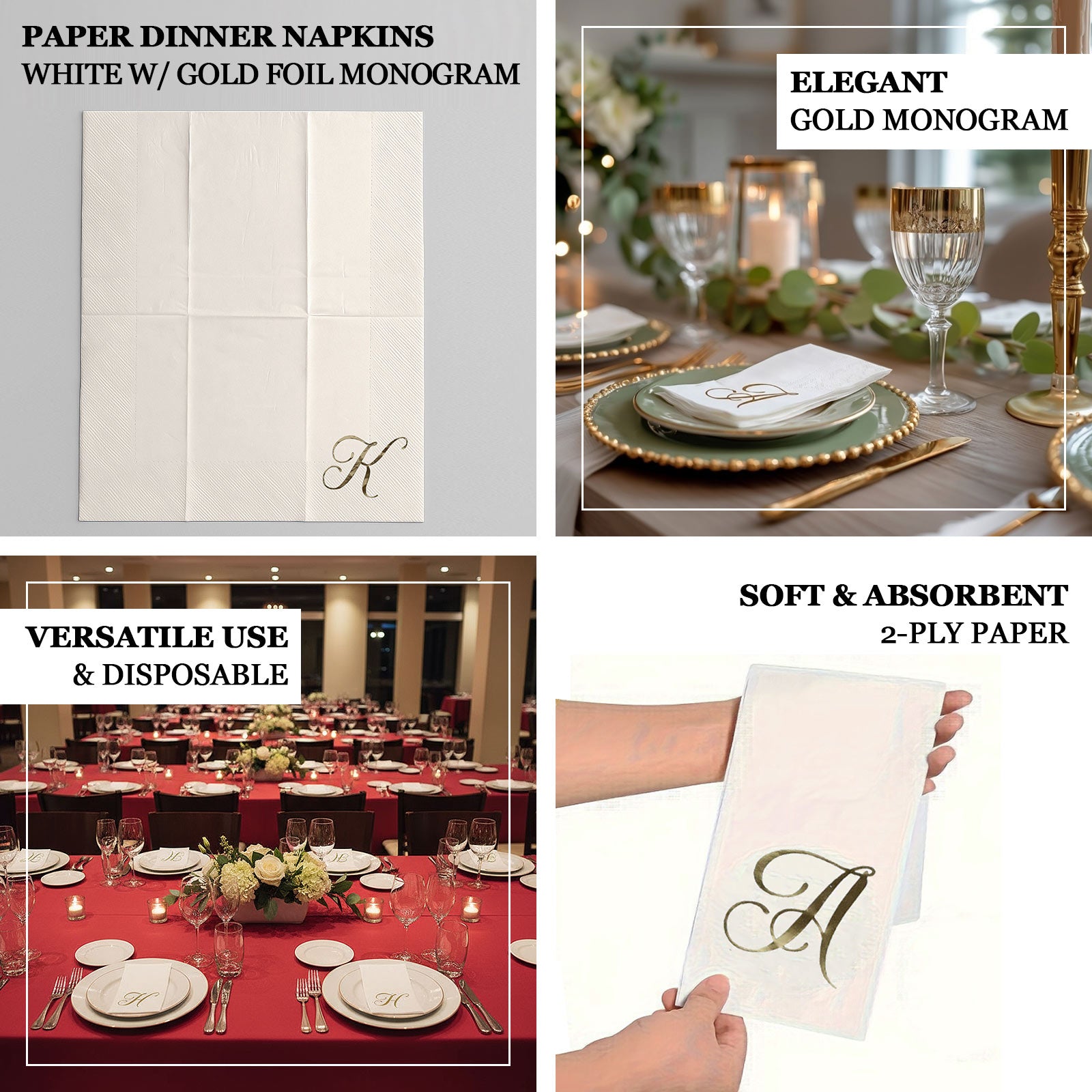 100 Paper Dinner Napkins White with Gold Foil Monogram "E" – 8"x4" Folded, Disposable Party Napkins