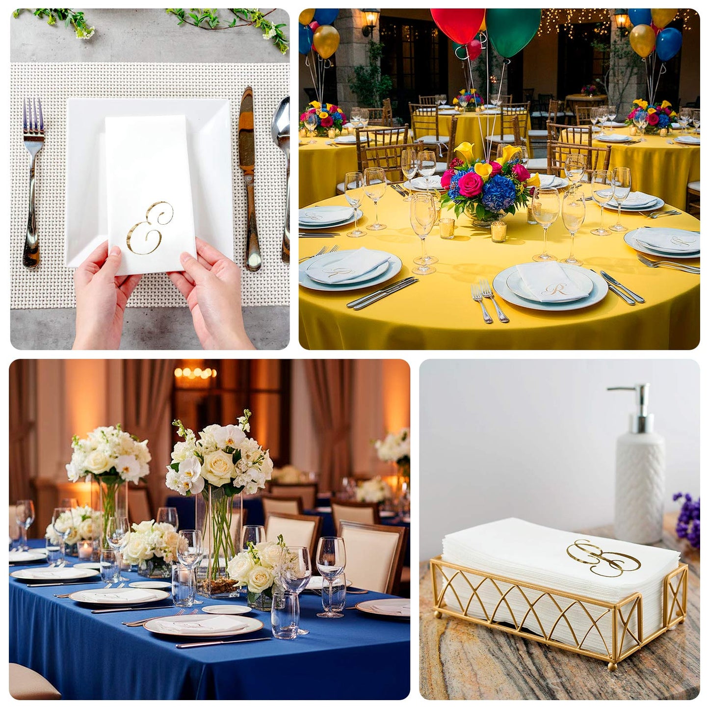100 Paper Dinner Napkins White with Gold Foil Monogram "E" – 8"x4" Folded, Disposable Party Napkins
