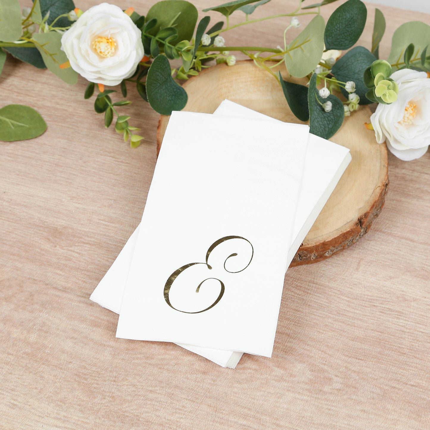 100 Paper Dinner Napkins White with Gold Foil Monogram "E" – 8"x4" Folded, Disposable Party Napkins