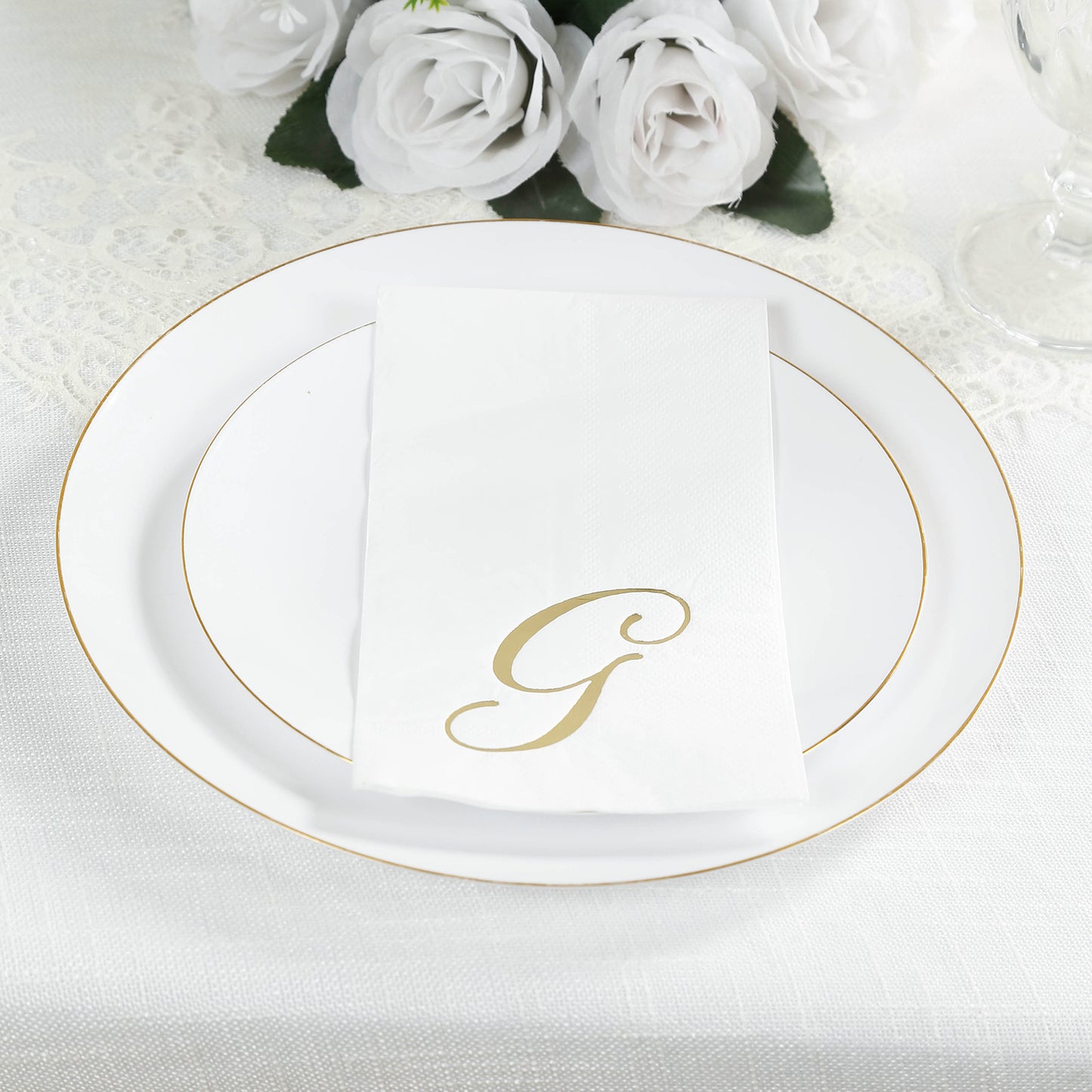 100 Paper Dinner Napkins White with Gold Foil Monogram "G" – 8"x4" Folded, Disposable Party Napkins