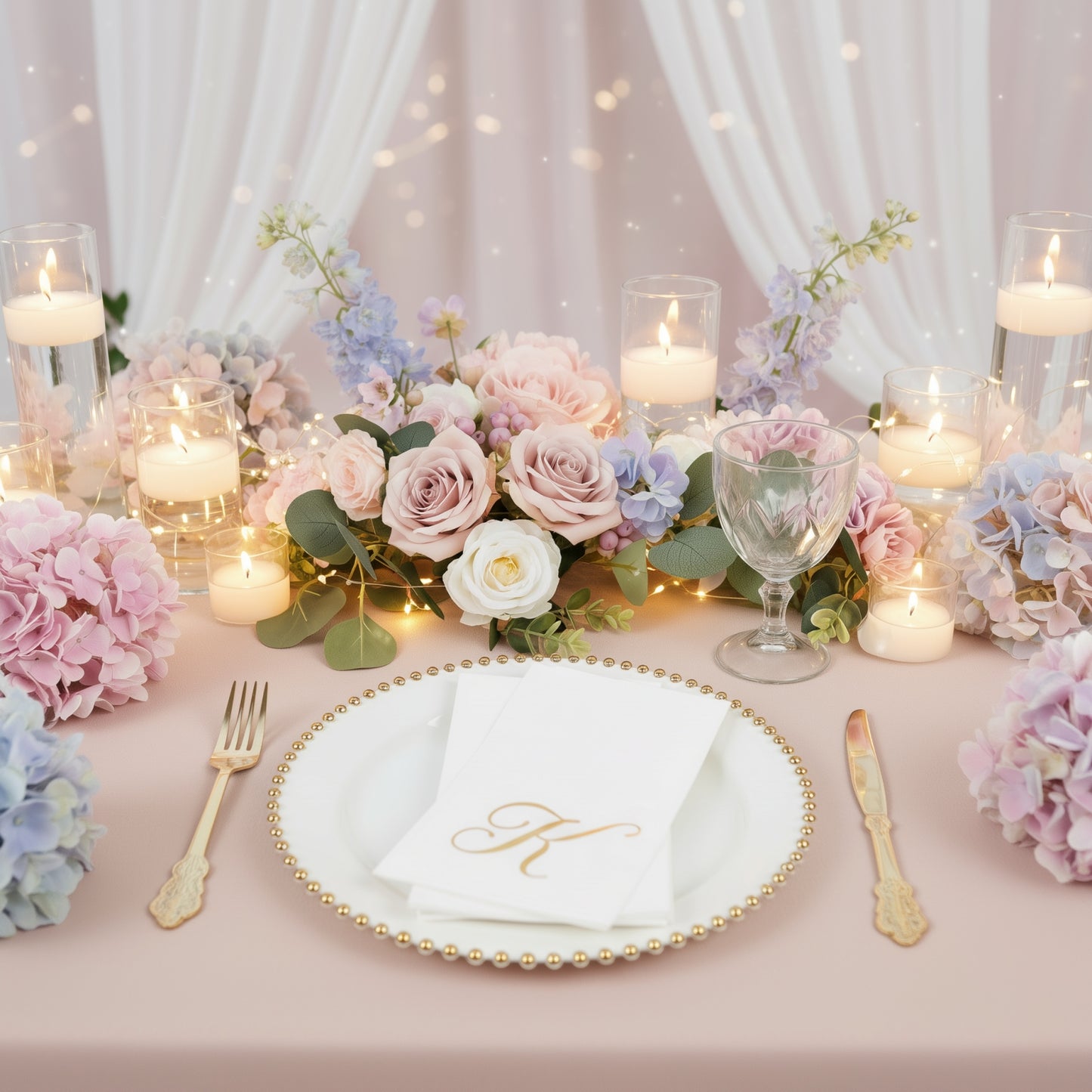 White napkin with gold foil monogram "K" on an elegant party table setting.