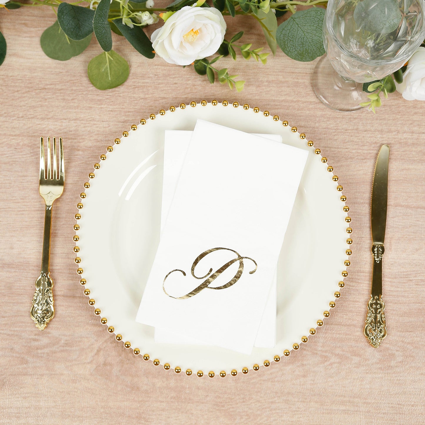 100 Paper Dinner Napkins White with Gold Foil Monogram "P" – 8"x4" Folded, Disposable Party Napkins