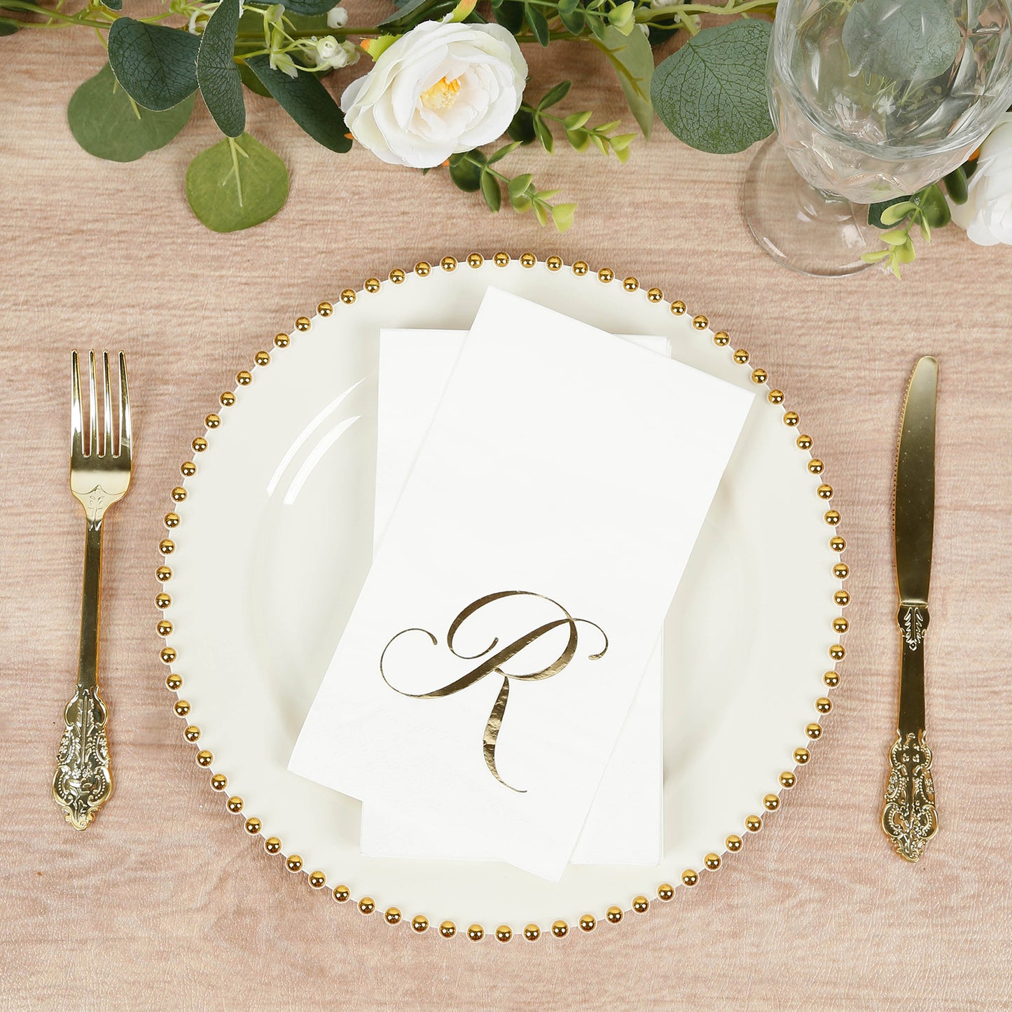 100 Paper Dinner Napkins White with Gold Foil Monogram "R" – 8"x4" Folded, Disposable Party Napkins