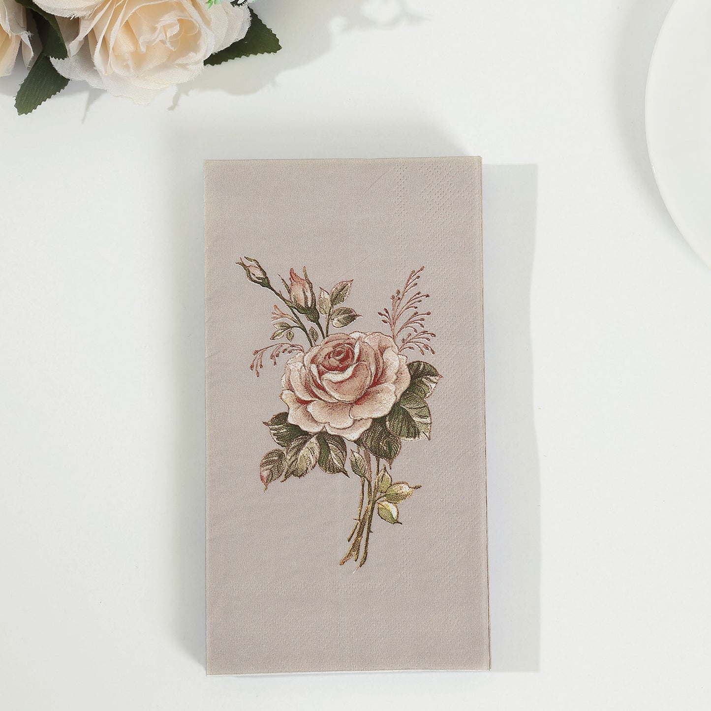 20 Pack Vintage Pink Ivory Rose Print Disposable Napkins, Soft 2-Ply Elegant Garden Party Style Paper Dinner Napkins