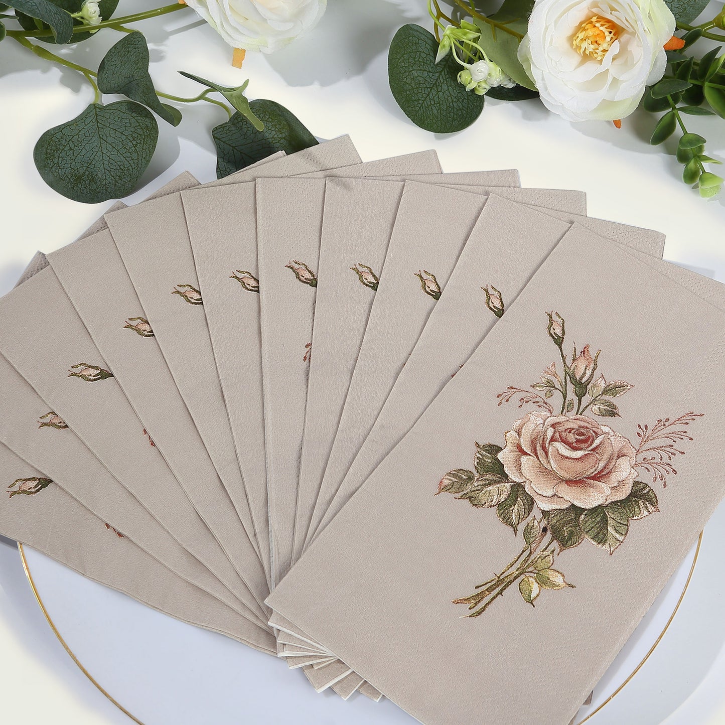 20 Pack Vintage Pink Ivory Rose Print Disposable Napkins, Soft 2-Ply Elegant Garden Party Style Paper Dinner Napkins