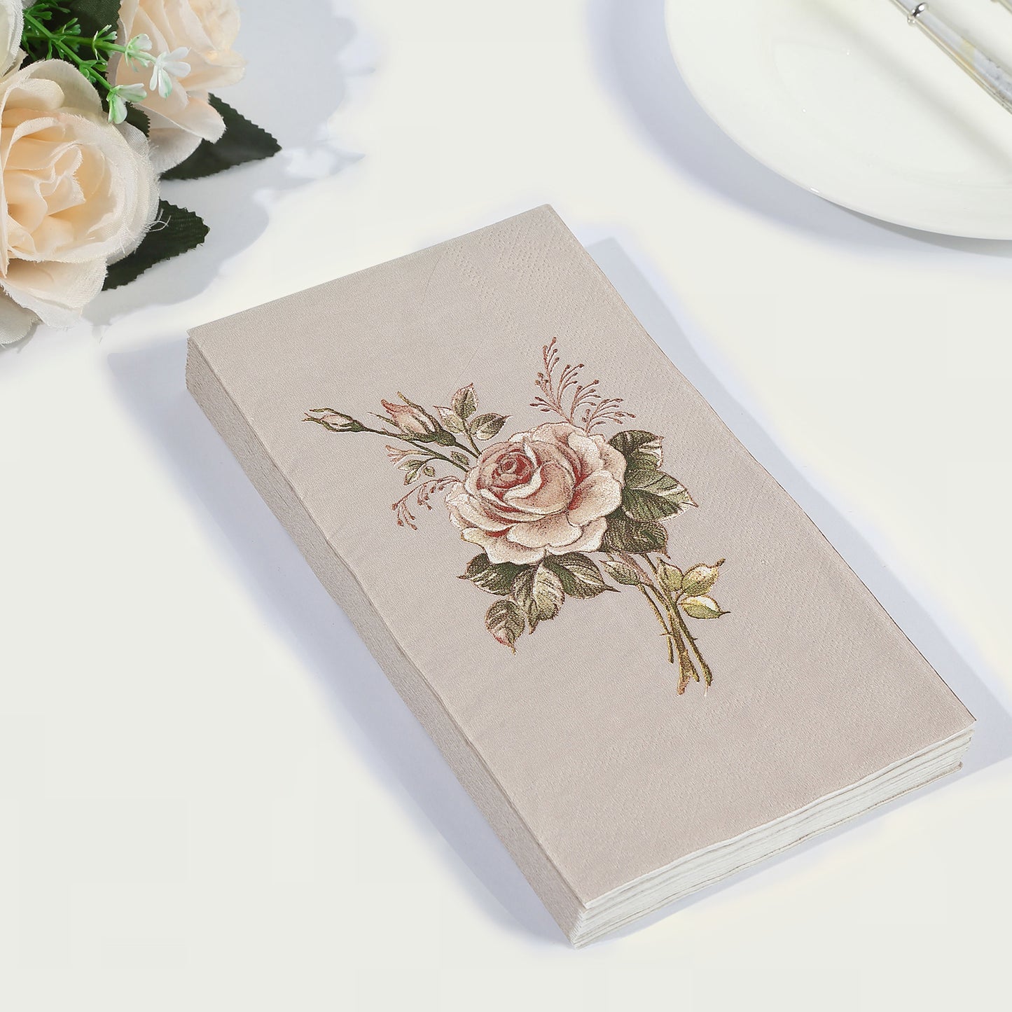 20 Pack Vintage Pink Ivory Rose Print Disposable Napkins, Soft 2-Ply Elegant Garden Party Style Paper Dinner Napkins