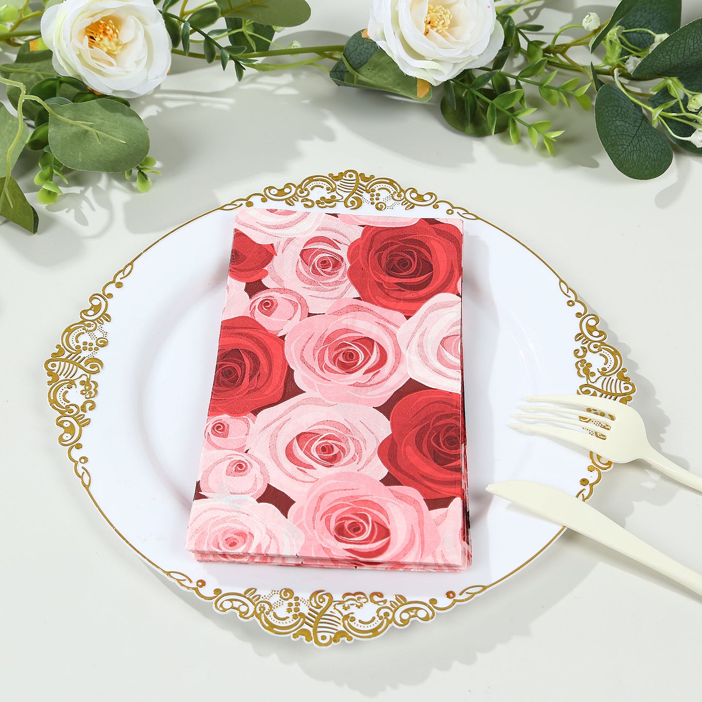 50 Pack Red Pink Rose Floral Design Disposable Paper Napkins, Soft 2-Ply Elegant Floral Garden Dinner Napkins