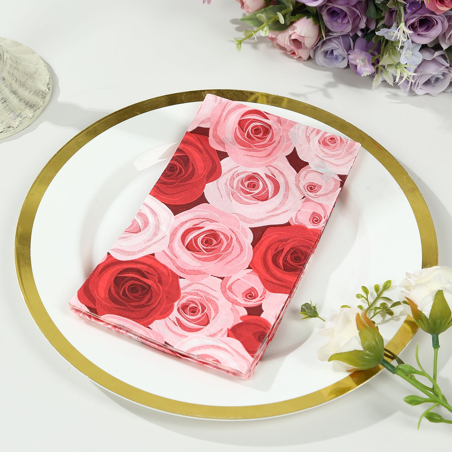 50 Pack Red Pink Rose Floral Design Disposable Paper Napkins, Soft 2-Ply Elegant Floral Garden Dinner Napkins