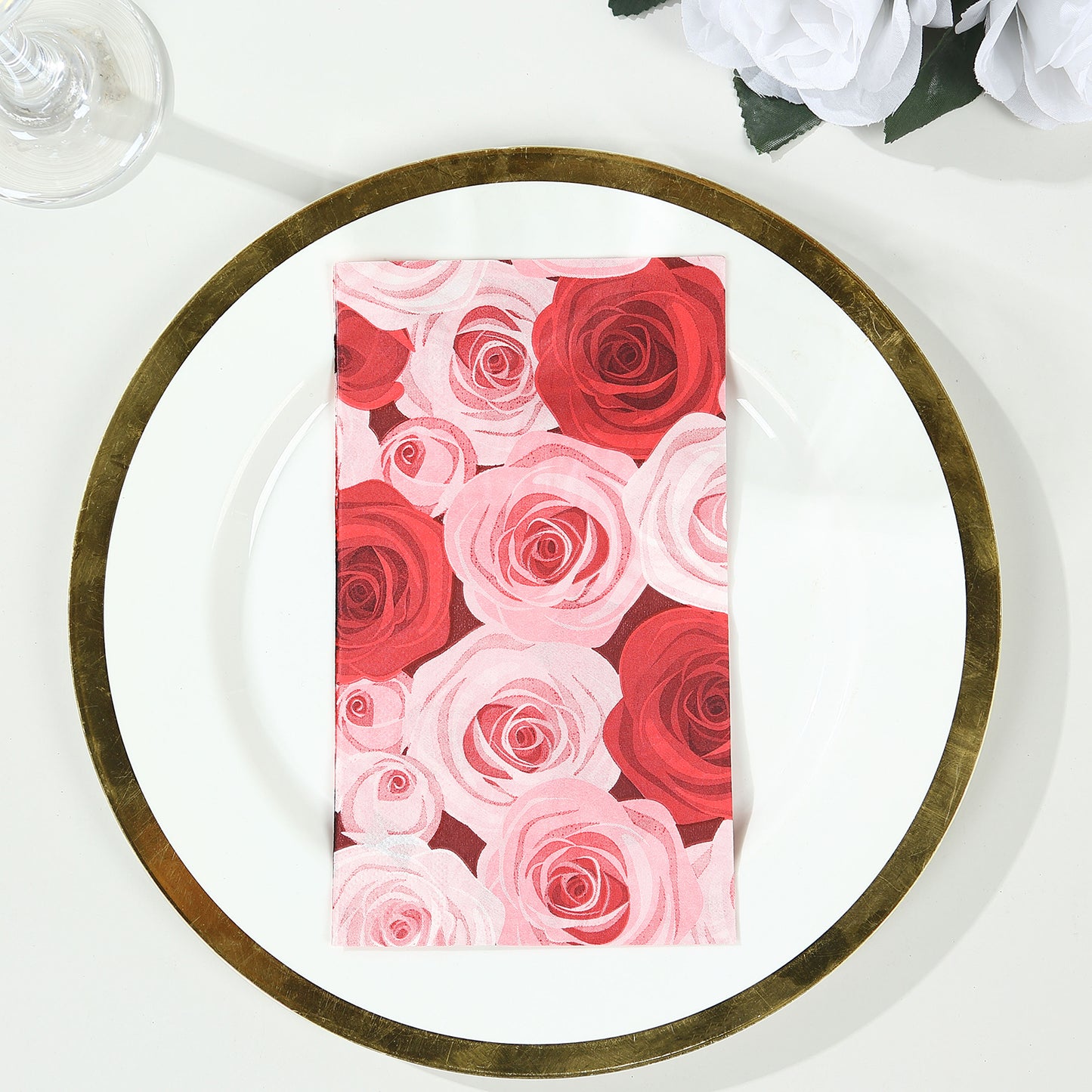 50 Pack Red Pink Rose Floral Design Disposable Paper Napkins, Soft 2-Ply Elegant Floral Garden Dinner Napkins