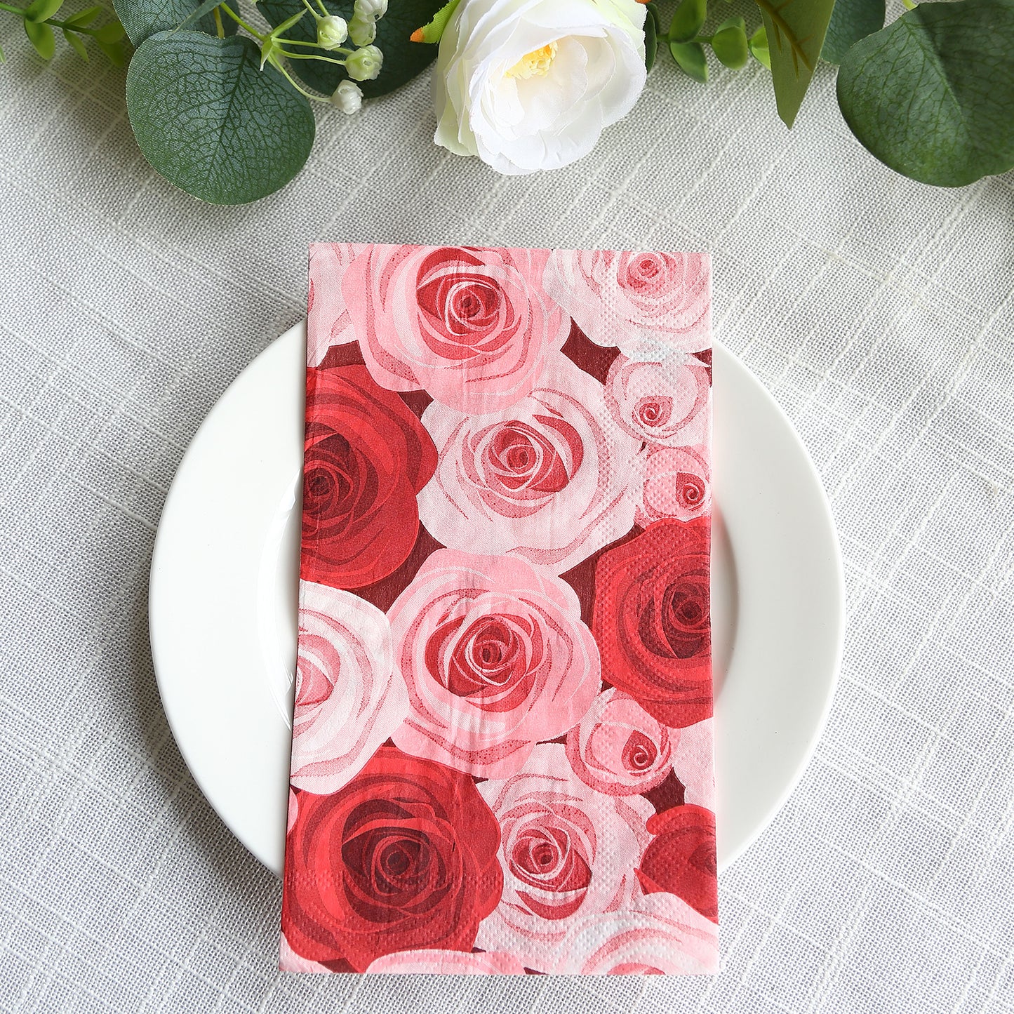 50 Pack Red Pink Rose Floral Design Disposable Paper Napkins, Soft 2-Ply Elegant Floral Garden Dinner Napkins