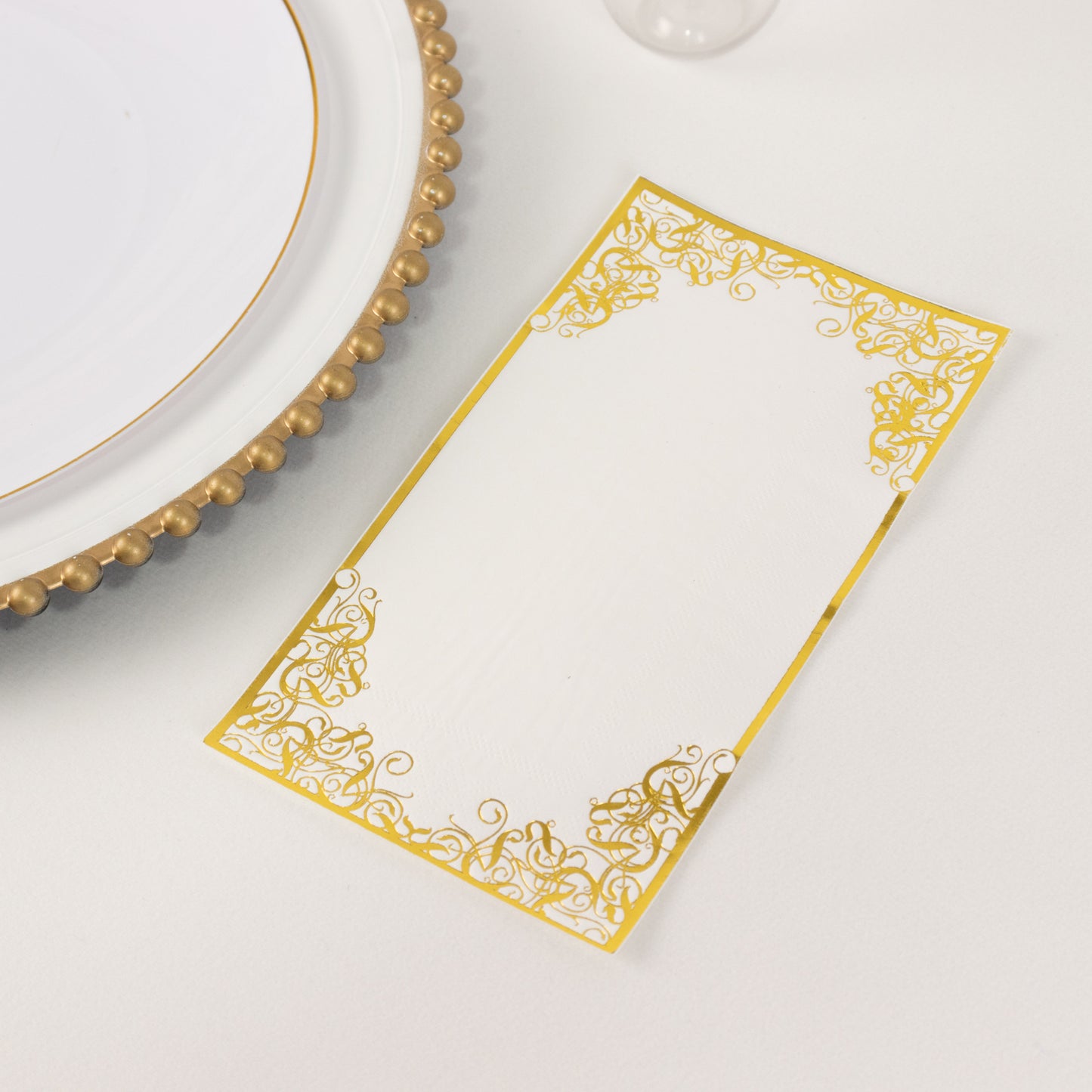 50 Pack White Soft Disposable Party Napkins with Gold Foil Lace Design, 2 Ply European Style Dinner Paper Napkins - 8"x4"