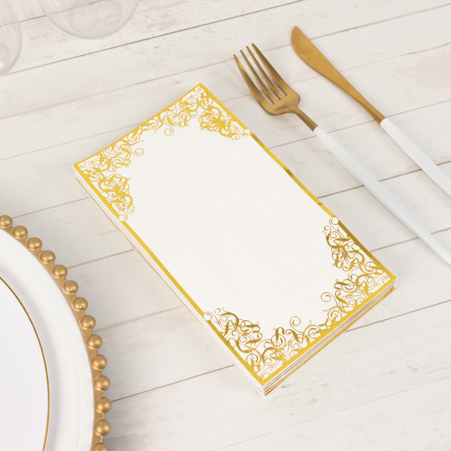 50 Pack White Soft Disposable Party Napkins with Gold Foil Lace Design, 2 Ply European Style Dinner Paper Napkins - 8"x4"