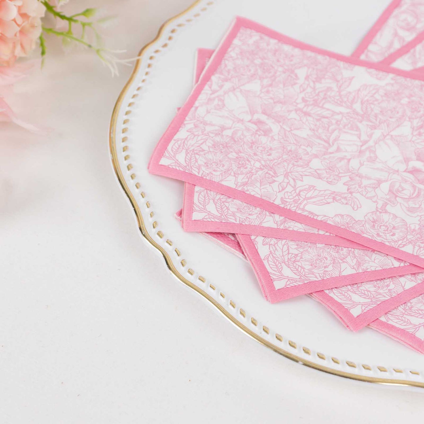 25 Pack Pink 2-Ply Disposable Party Napkins in French Toile Pattern, Highly Absorbent Soft Disposable Dinner Napkins