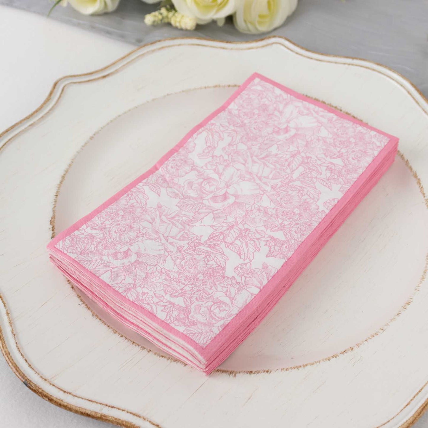 25 Pack Pink 2-Ply Disposable Party Napkins in French Toile Pattern, Highly Absorbent Soft Disposable Dinner Napkins