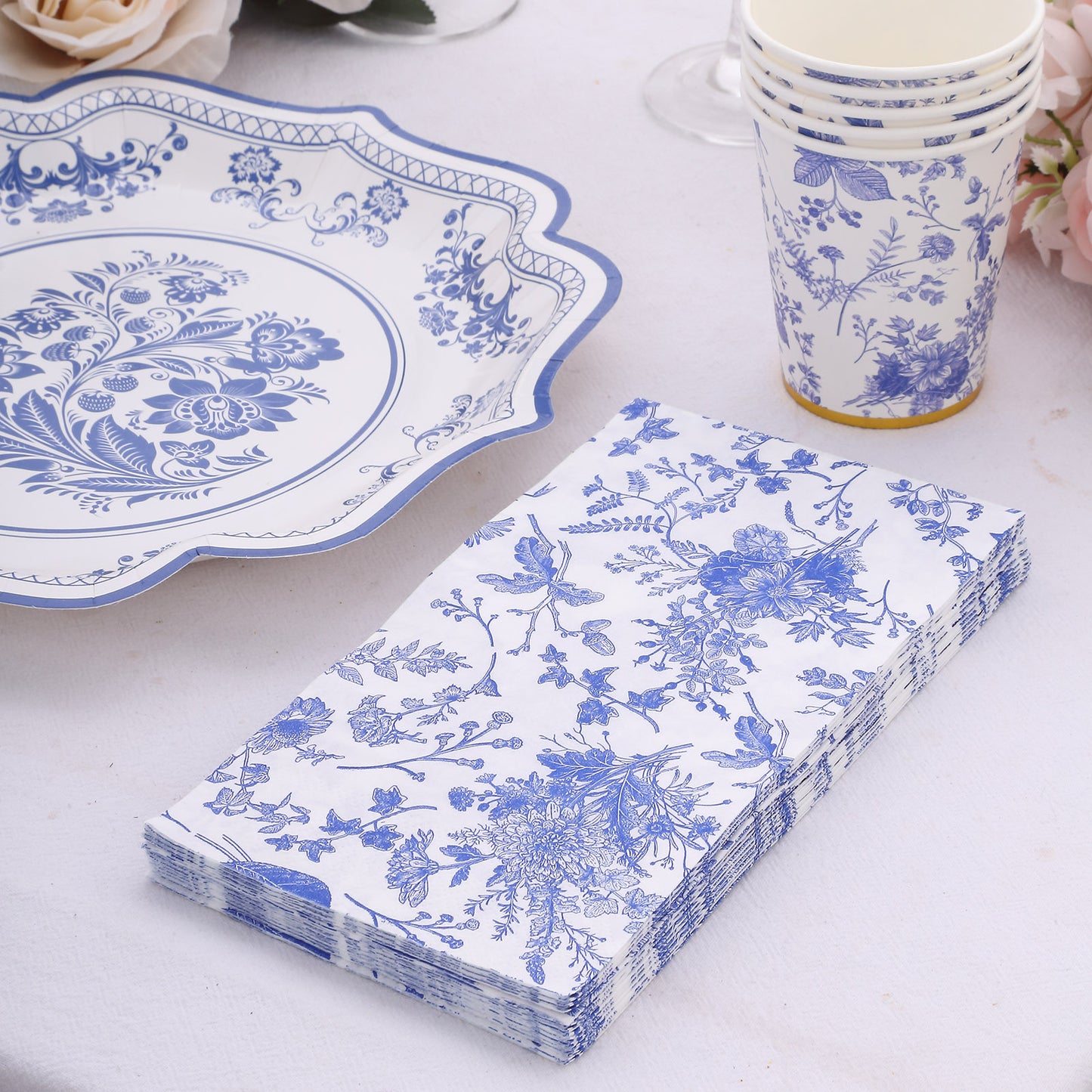 20 Pack White Blue 2-Ply Disposable Party Napkins in French Toile Pattern, Highly Absorbent Soft Disposable Dinner Napkins