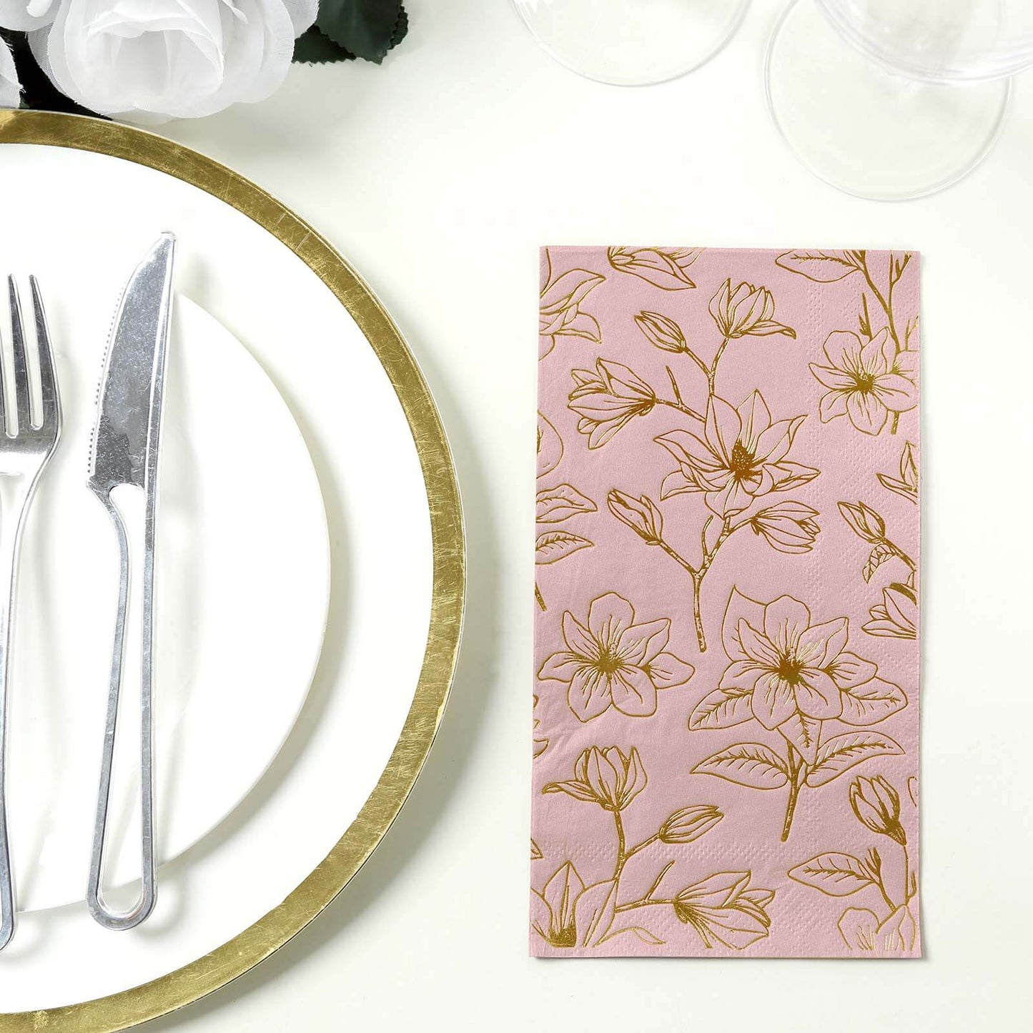 50 Pack Dusty Rose 2-Ply Paper Party Napkins with Gold Magnolia Flowers Print, Highly Absorbent Soft Disposable Dinner Napkins