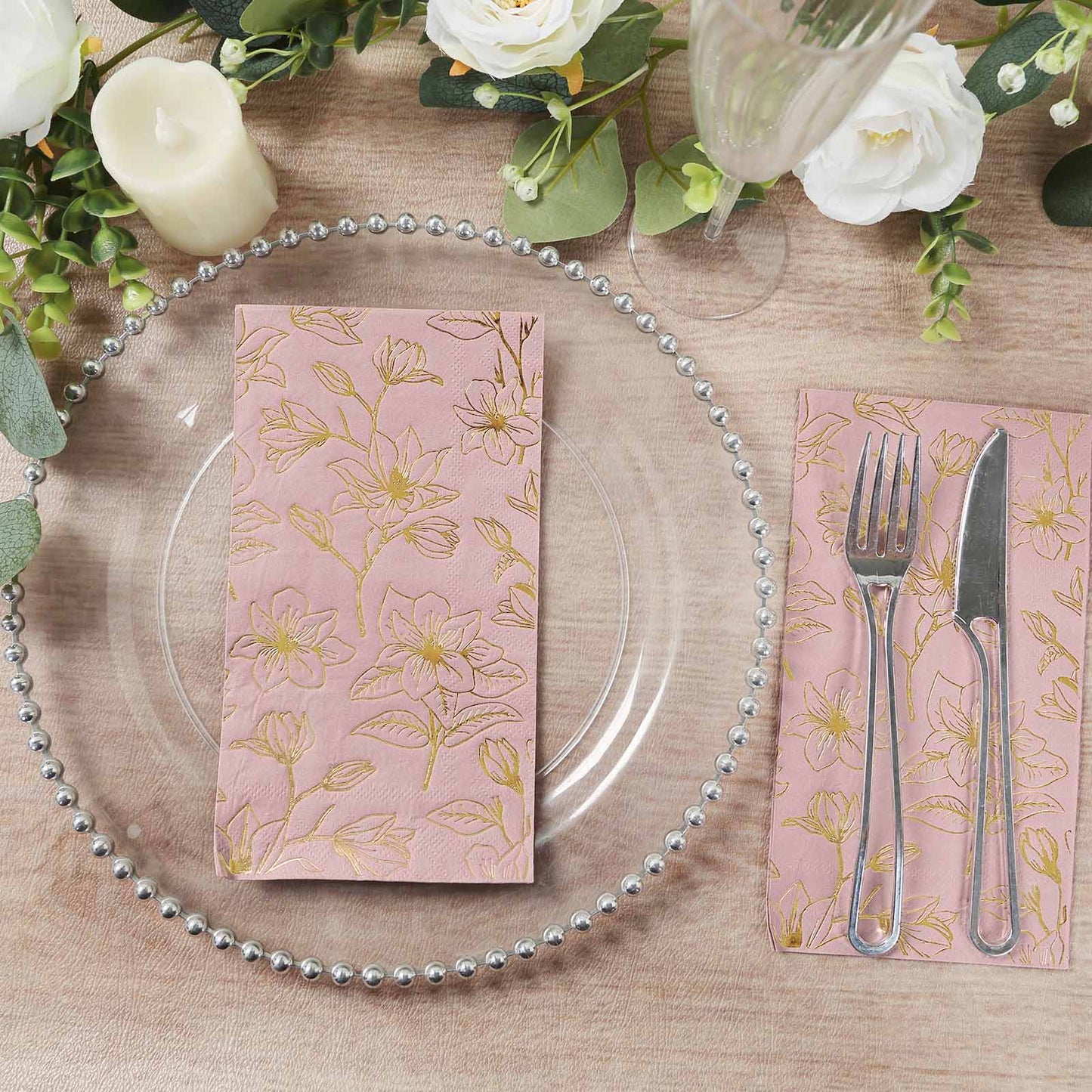 50 Pack Dusty Rose 2-Ply Paper Party Napkins with Gold Magnolia Flowers Print, Highly Absorbent Soft Disposable Dinner Napkins