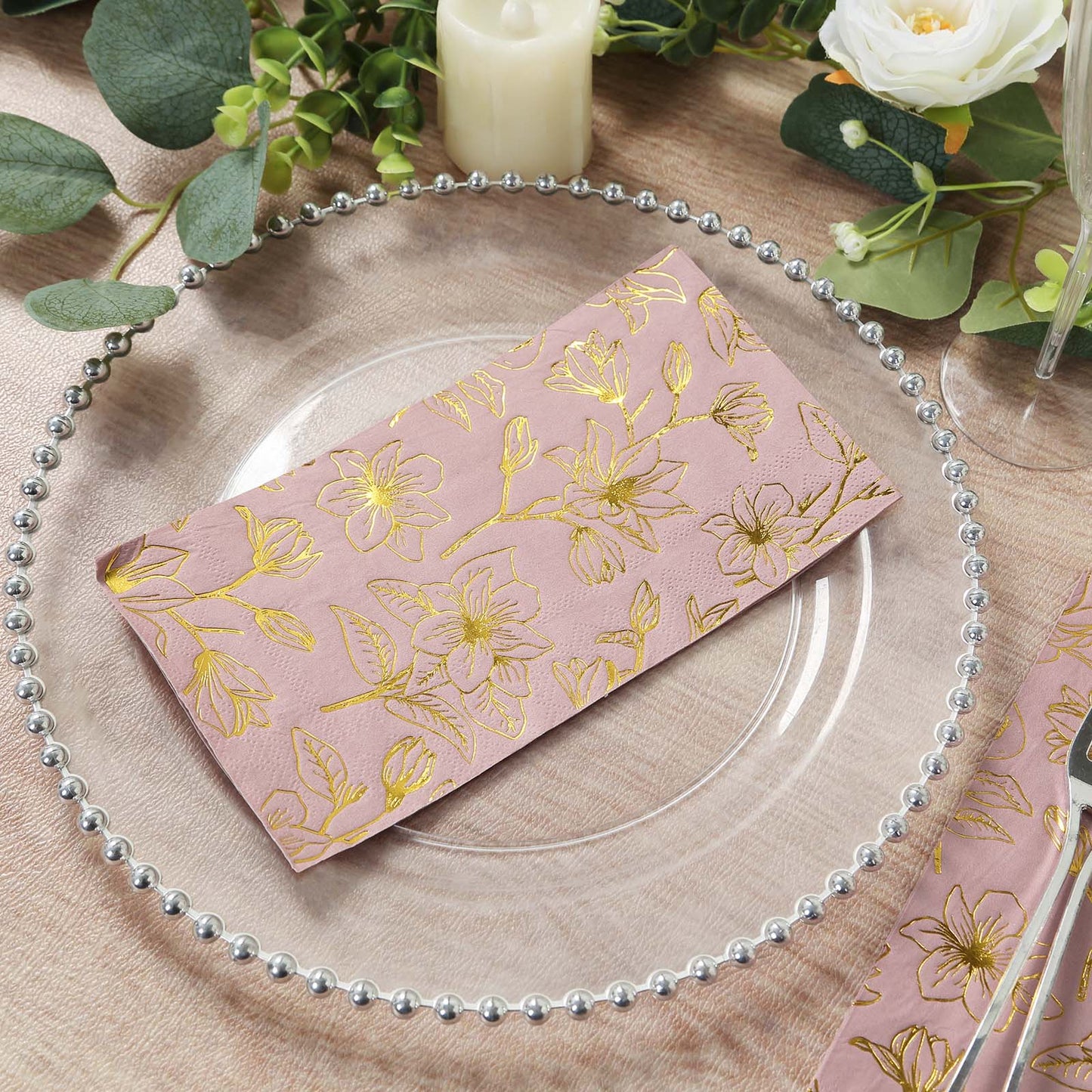 50 Pack Dusty Rose 2-Ply Paper Party Napkins with Gold Magnolia Flowers Print, Highly Absorbent Soft Disposable Dinner Napkins