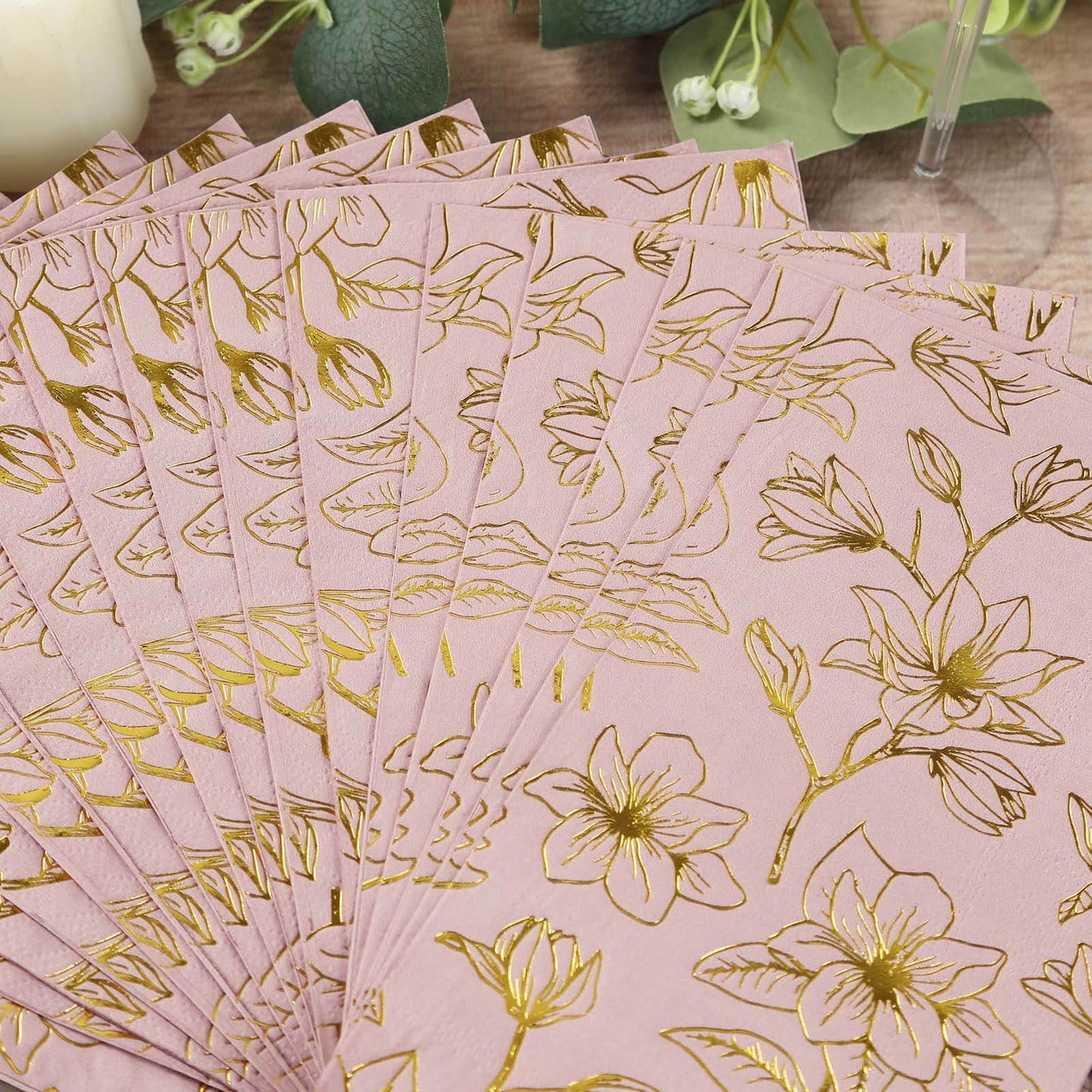 50 Pack Dusty Rose 2-Ply Paper Party Napkins with Gold Magnolia Flowers Print, Highly Absorbent Soft Disposable Dinner Napkins