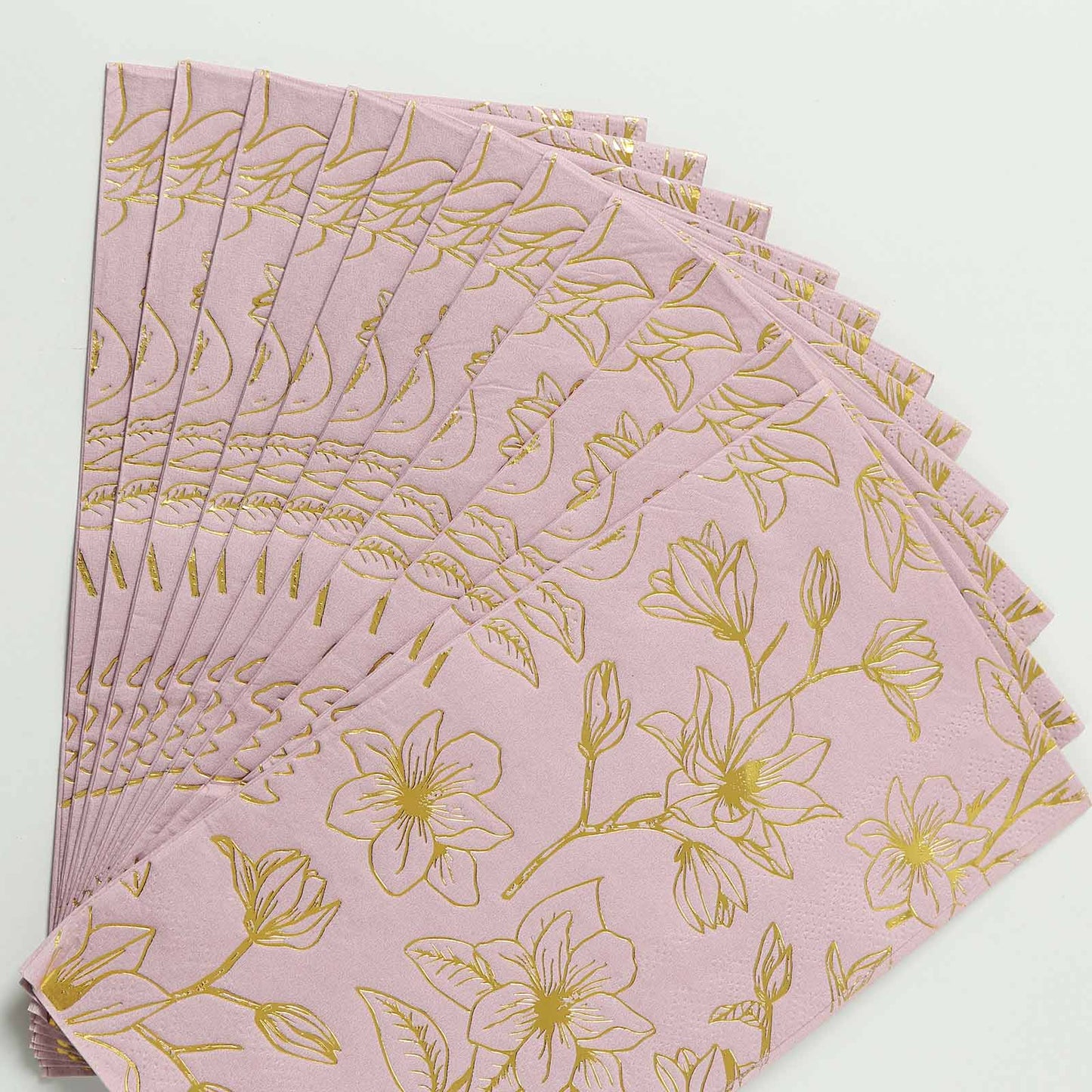 50 Pack Dusty Rose 2-Ply Paper Party Napkins with Gold Magnolia Flowers Print, Highly Absorbent Soft Disposable Dinner Napkins