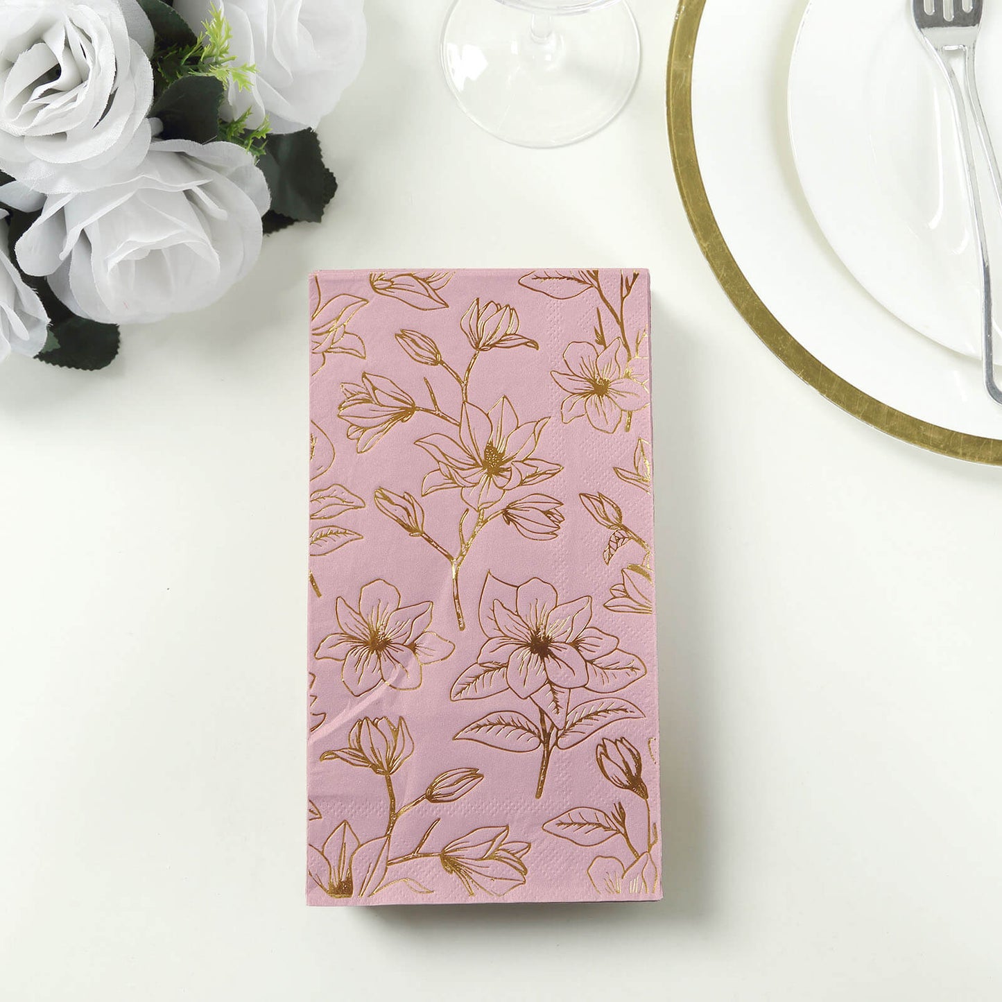 50 Pack Dusty Rose 2-Ply Paper Party Napkins with Gold Magnolia Flowers Print, Highly Absorbent Soft Disposable Dinner Napkins