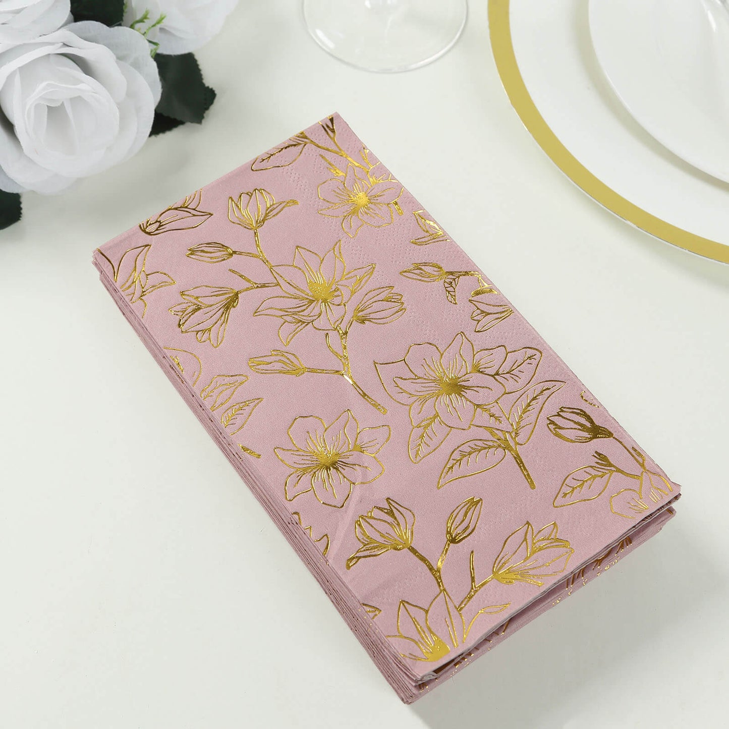 50 Pack Dusty Rose 2-Ply Paper Party Napkins with Gold Magnolia Flowers Print, Highly Absorbent Soft Disposable Dinner Napkins