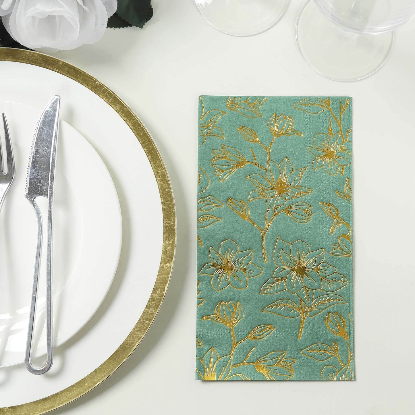 50 Pack Dusty Sage Green 2-Ply Paper Party Napkins with Gold Magnolia Flowers Print, Highly Absorbent Soft Disposable Dinner Napkins