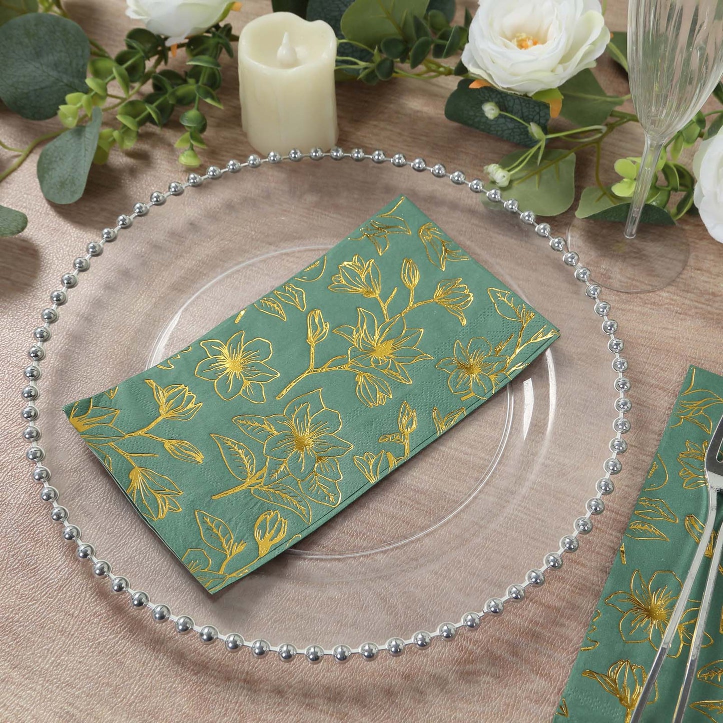 50 Pack Dusty Sage Green 2-Ply Paper Party Napkins with Gold Magnolia Flowers Print, Highly Absorbent Soft Disposable Dinner Napkins