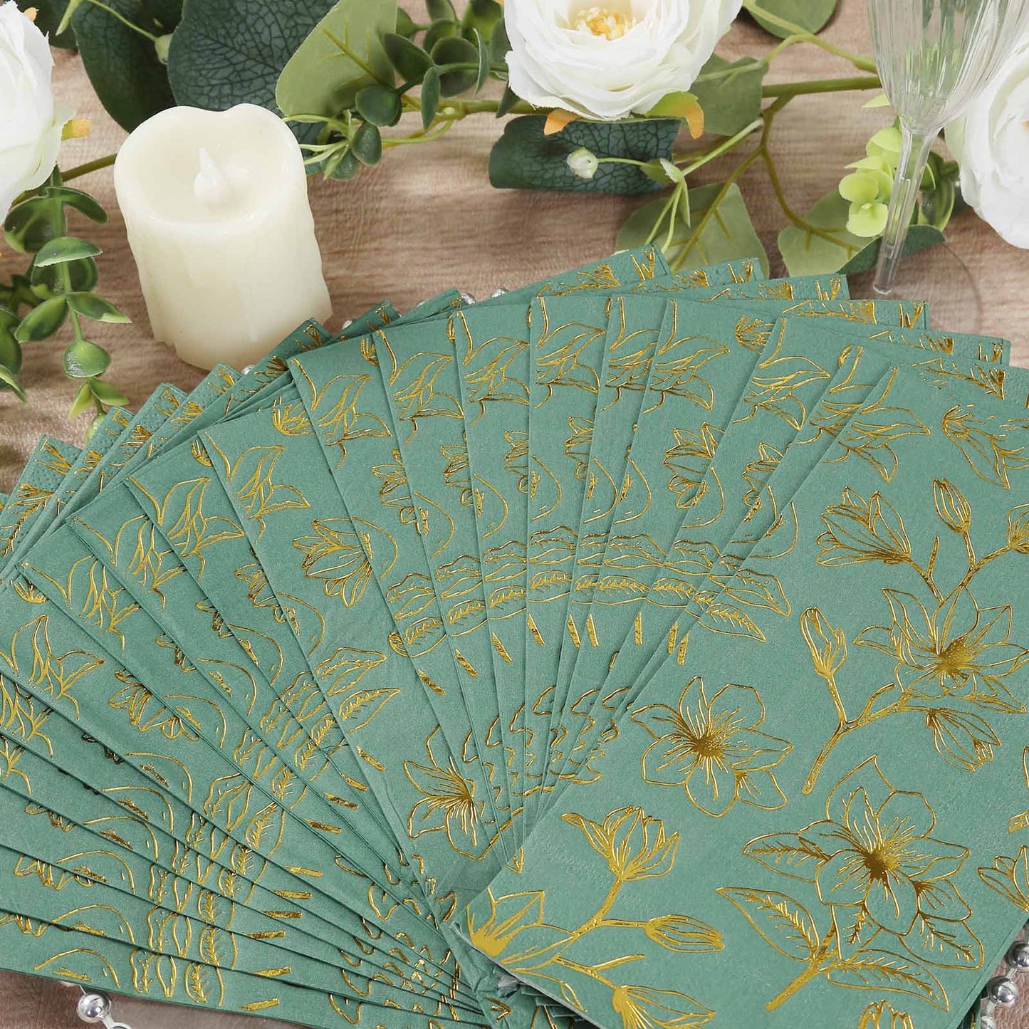 50 Pack Dusty Sage Green 2-Ply Paper Party Napkins with Gold Magnolia Flowers Print, Highly Absorbent Soft Disposable Dinner Napkins