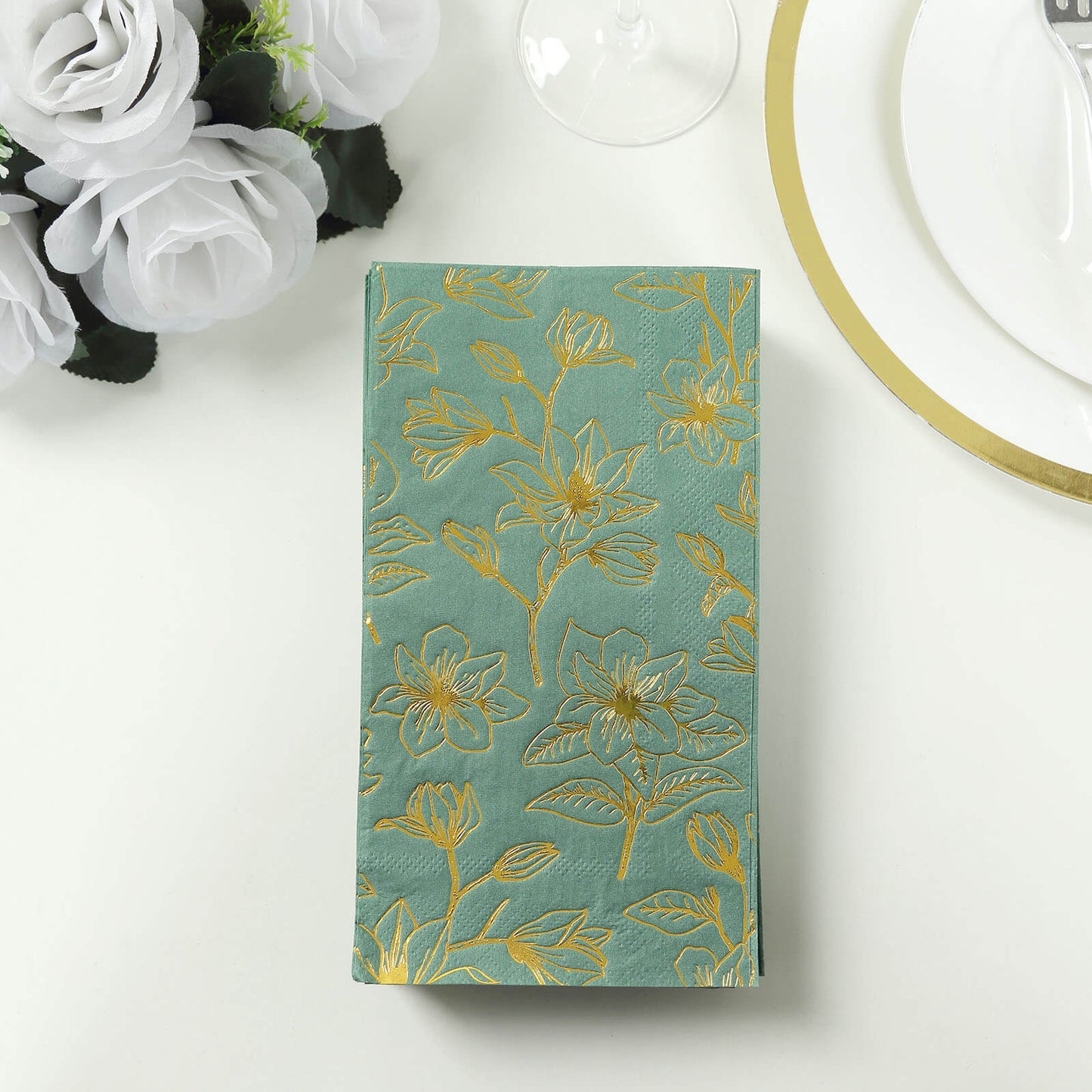 50 Pack Dusty Sage Green 2-Ply Paper Party Napkins with Gold Magnolia Flowers Print, Highly Absorbent Soft Disposable Dinner Napkins