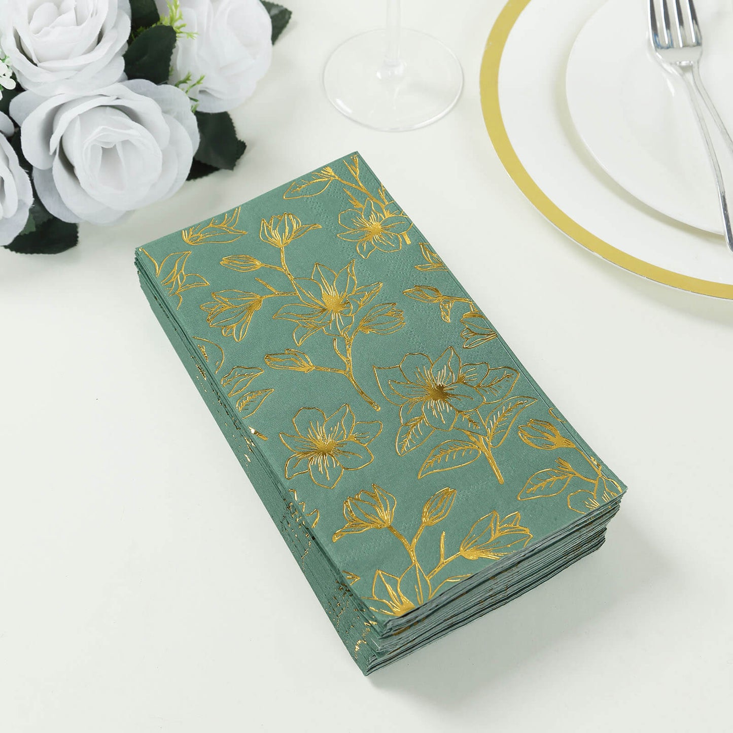 50 Pack Dusty Sage Green 2-Ply Paper Party Napkins with Gold Magnolia Flowers Print, Highly Absorbent Soft Disposable Dinner Napkins