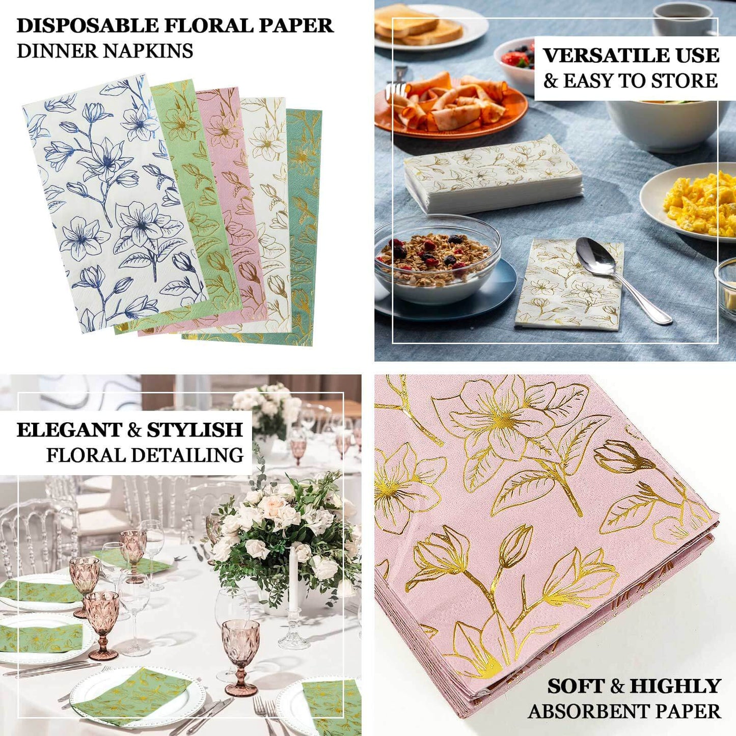 50 Pack Sage Green 2-Ply Paper Party Napkins with Gold Magnolia Flowers Print, Highly Absorbent Soft Disposable Dinner Napkins