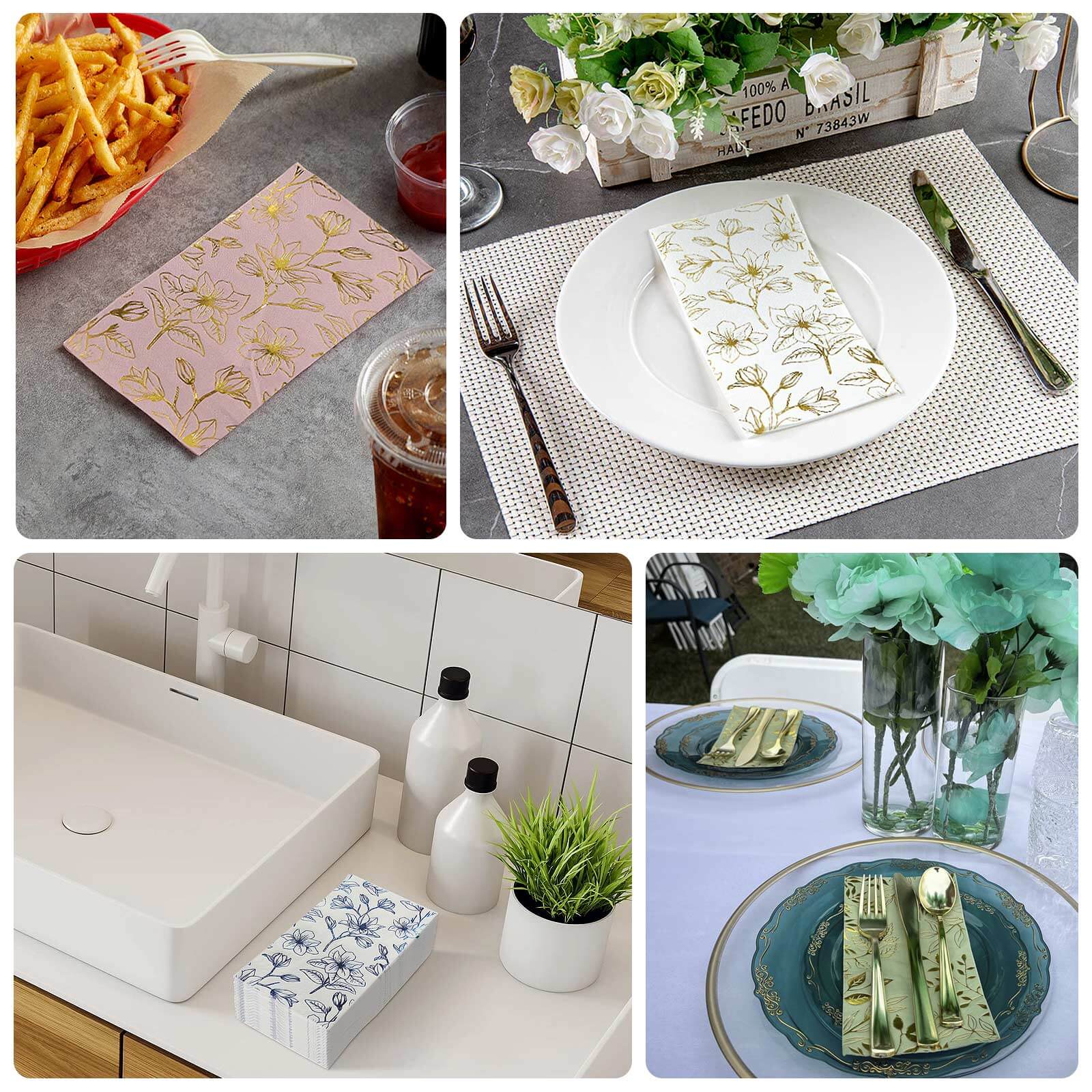 50 Pack Sage Green 2-Ply Paper Party Napkins with Gold Magnolia Flowers Print, Highly Absorbent Soft Disposable Dinner Napkins