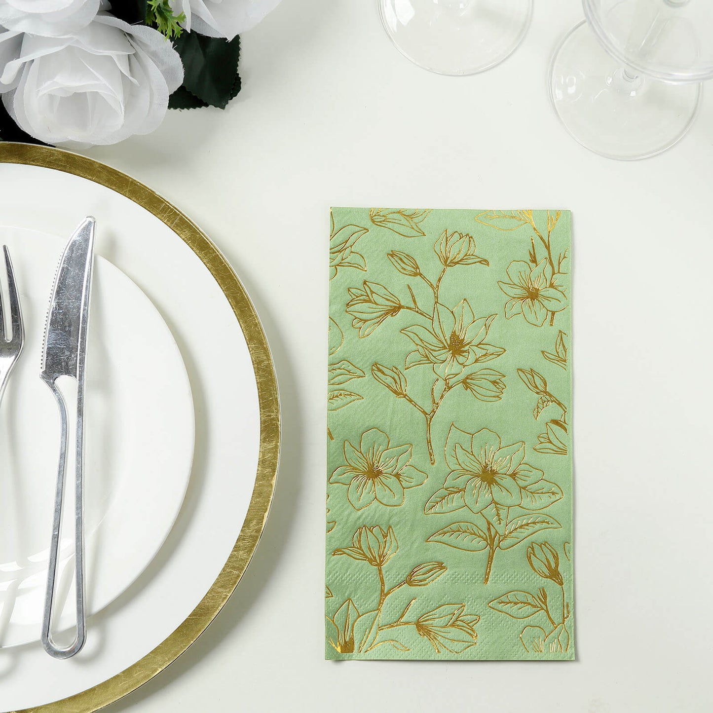 50 Pack Sage Green 2-Ply Paper Party Napkins with Gold Magnolia Flowers Print, Highly Absorbent Soft Disposable Dinner Napkins