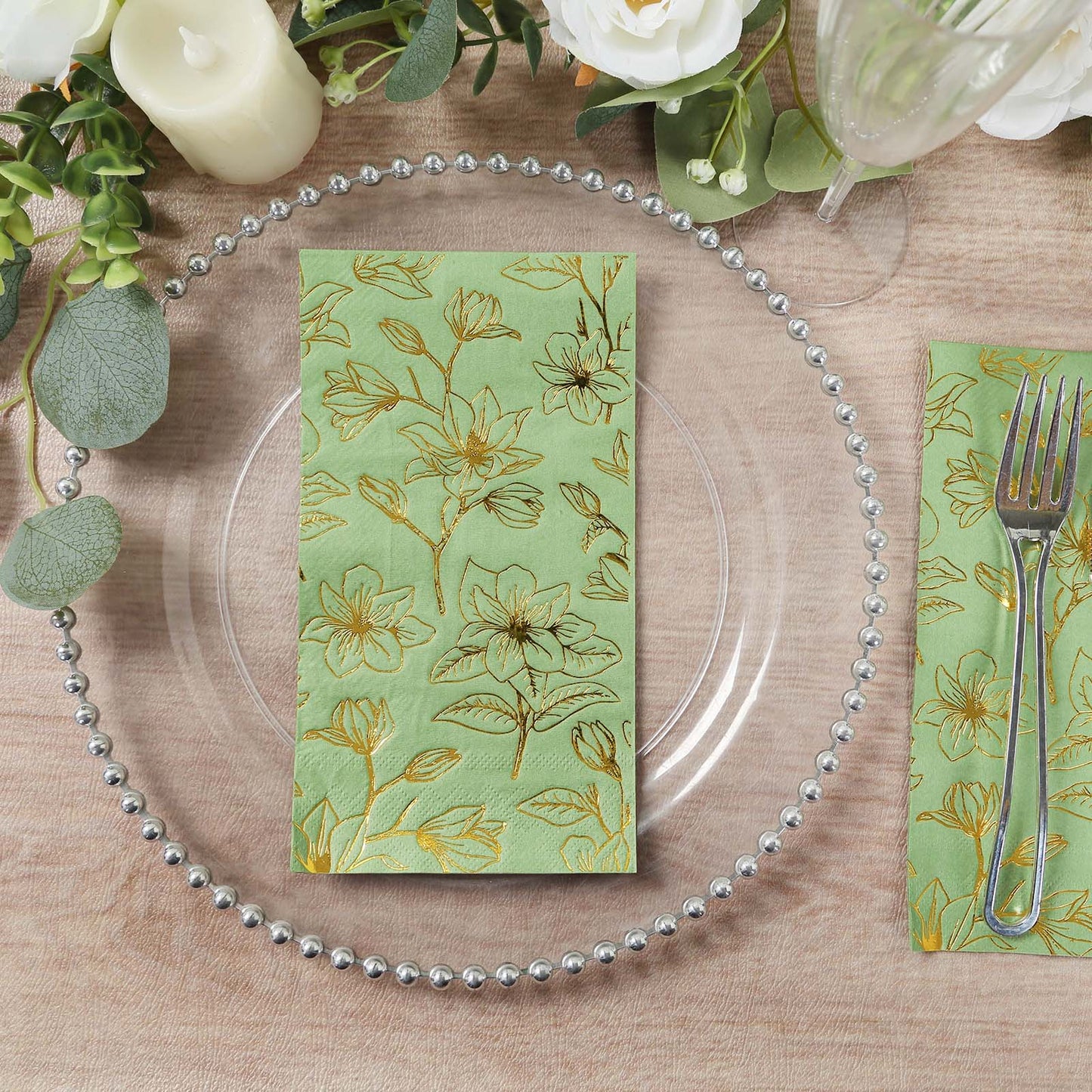 50 Pack Sage Green 2-Ply Paper Party Napkins with Gold Magnolia Flowers Print, Highly Absorbent Soft Disposable Dinner Napkins