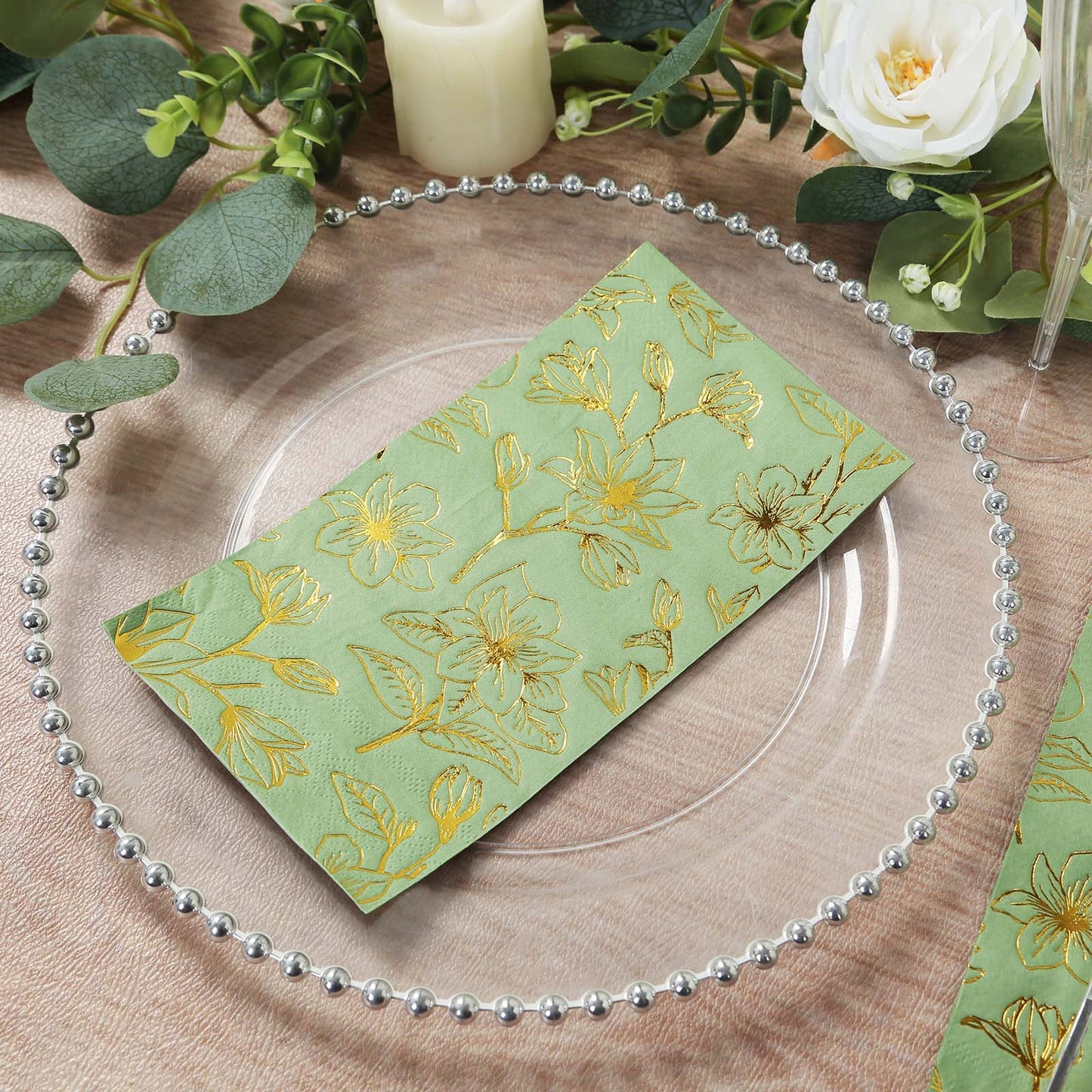 50 Pack Sage Green 2-Ply Paper Party Napkins with Gold Magnolia Flowers Print, Highly Absorbent Soft Disposable Dinner Napkins