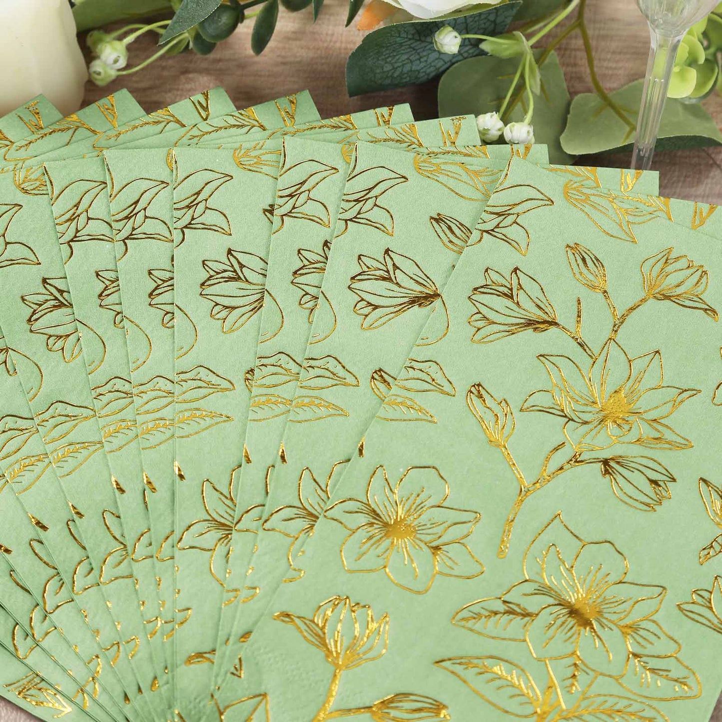 50 Pack Sage Green 2-Ply Paper Party Napkins with Gold Magnolia Flowers Print, Highly Absorbent Soft Disposable Dinner Napkins