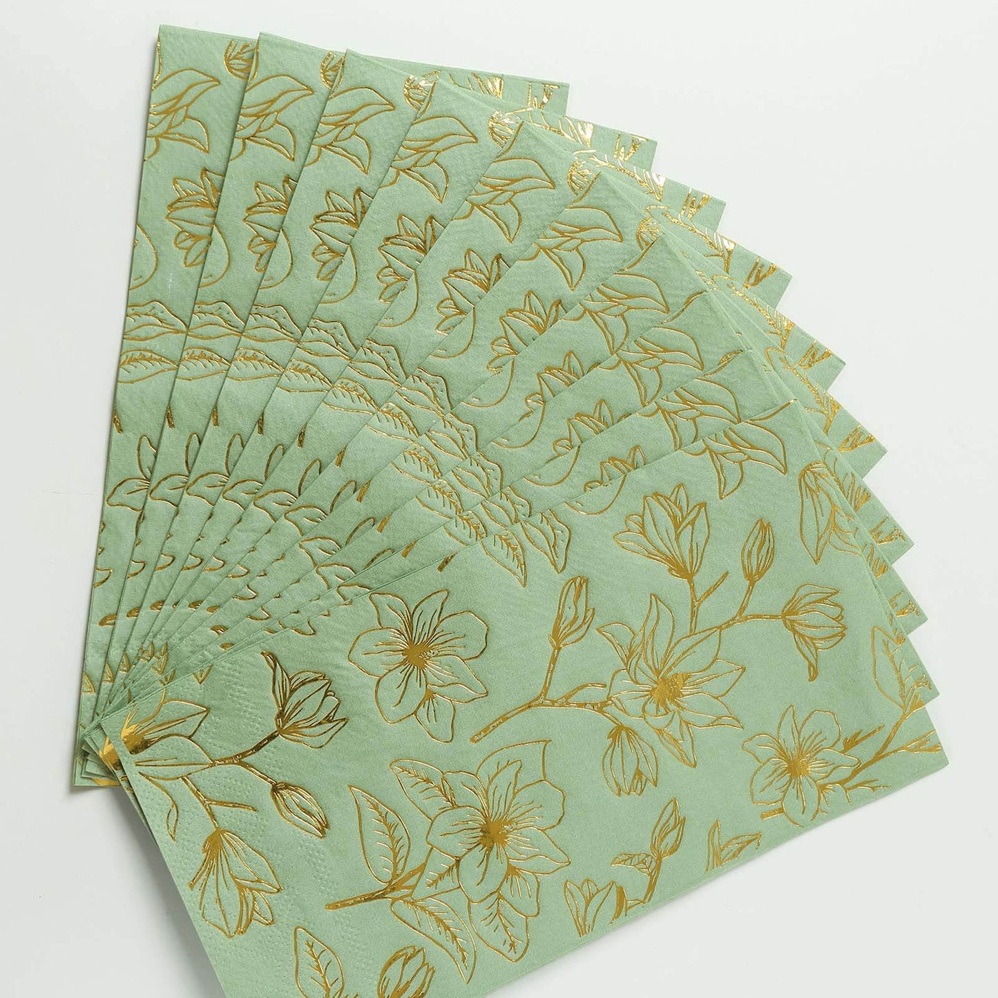 50 Pack Sage Green 2-Ply Paper Party Napkins with Gold Magnolia Flowers Print, Highly Absorbent Soft Disposable Dinner Napkins