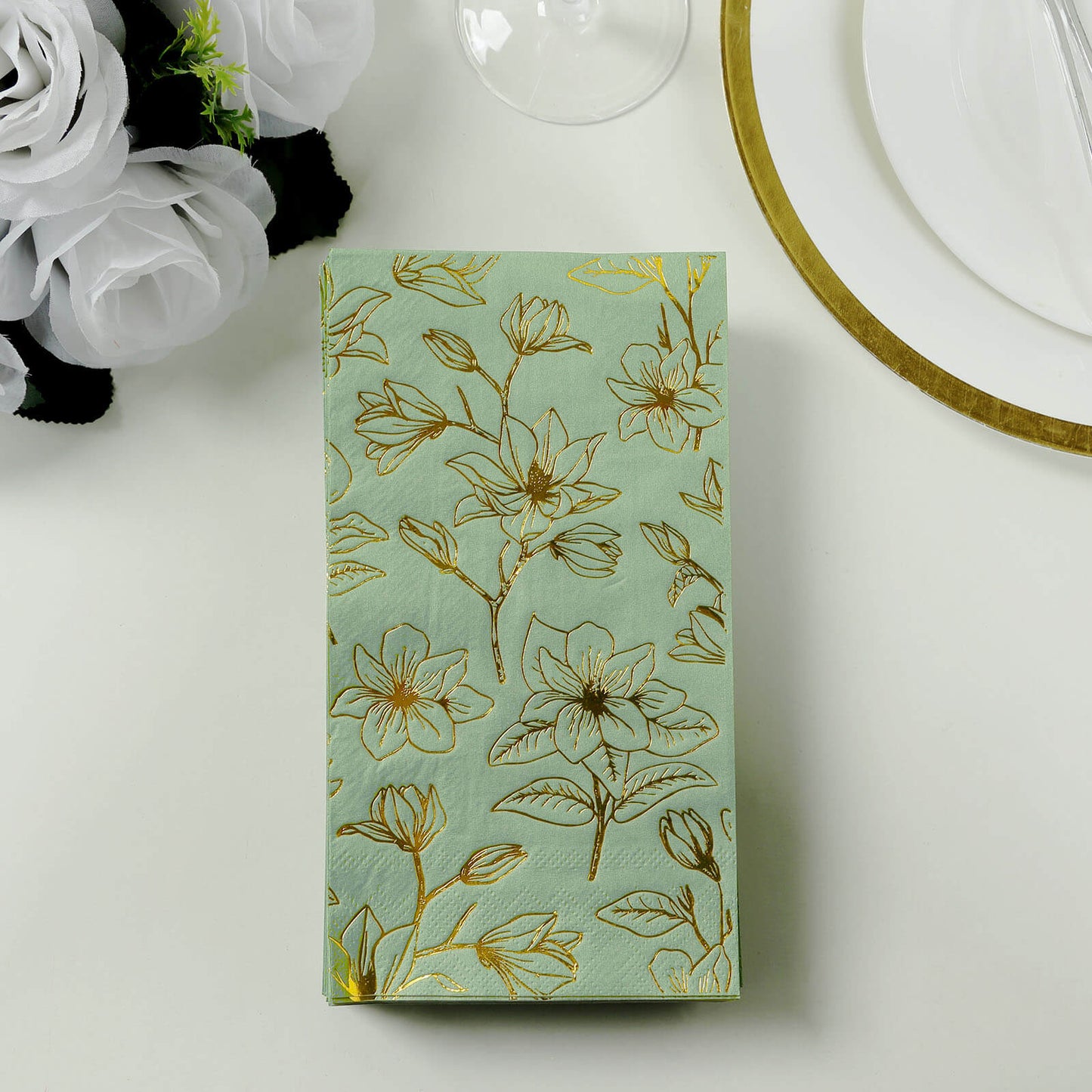 50 Pack Sage Green 2-Ply Paper Party Napkins with Gold Magnolia Flowers Print, Highly Absorbent Soft Disposable Dinner Napkins
