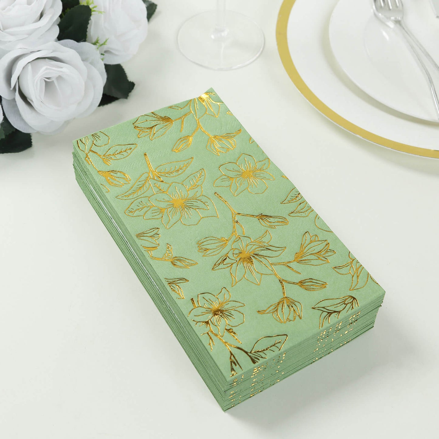50 Pack Sage Green 2-Ply Paper Party Napkins with Gold Magnolia Flowers Print, Highly Absorbent Soft Disposable Dinner Napkins