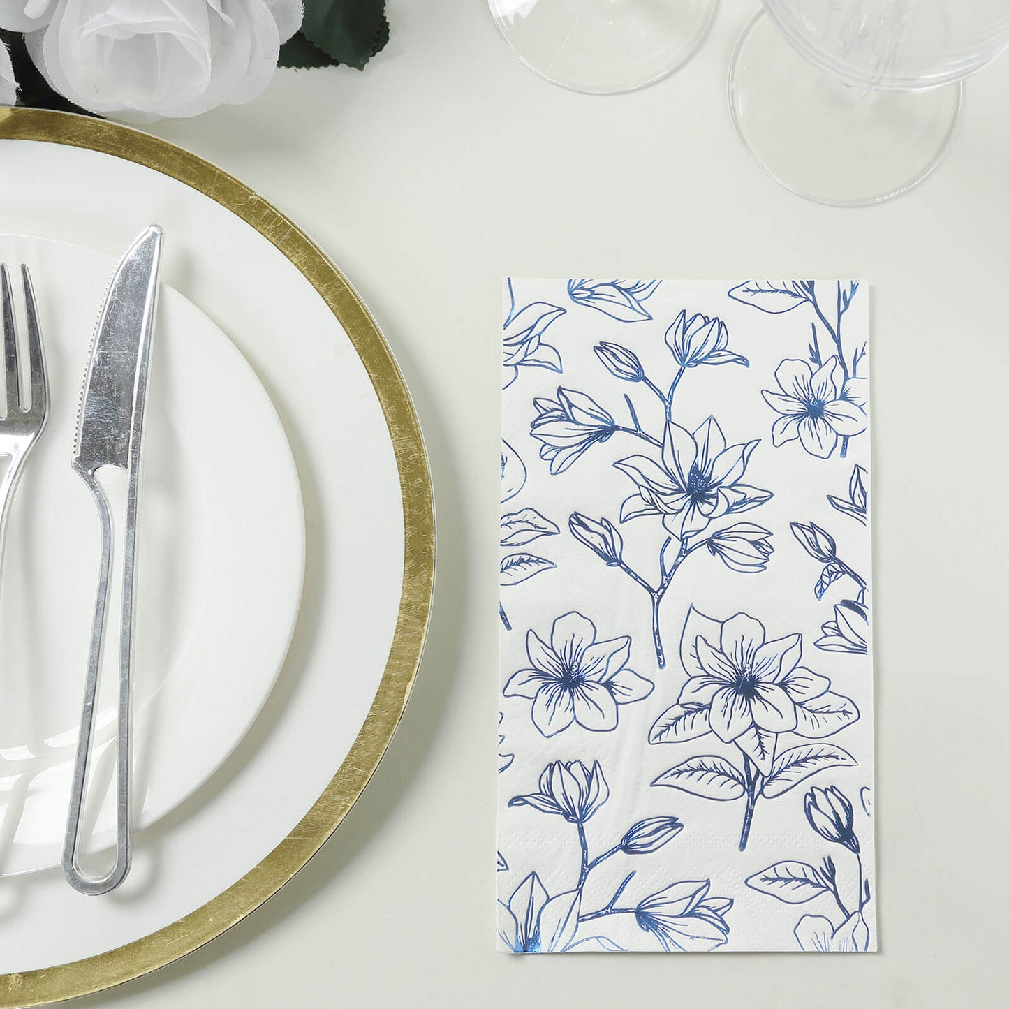 50 Pack White 2-Ply Paper Party Napkins with Blue Magnolia Flowers Print, Highly Absorbent Soft Disposable Dinner Napkins